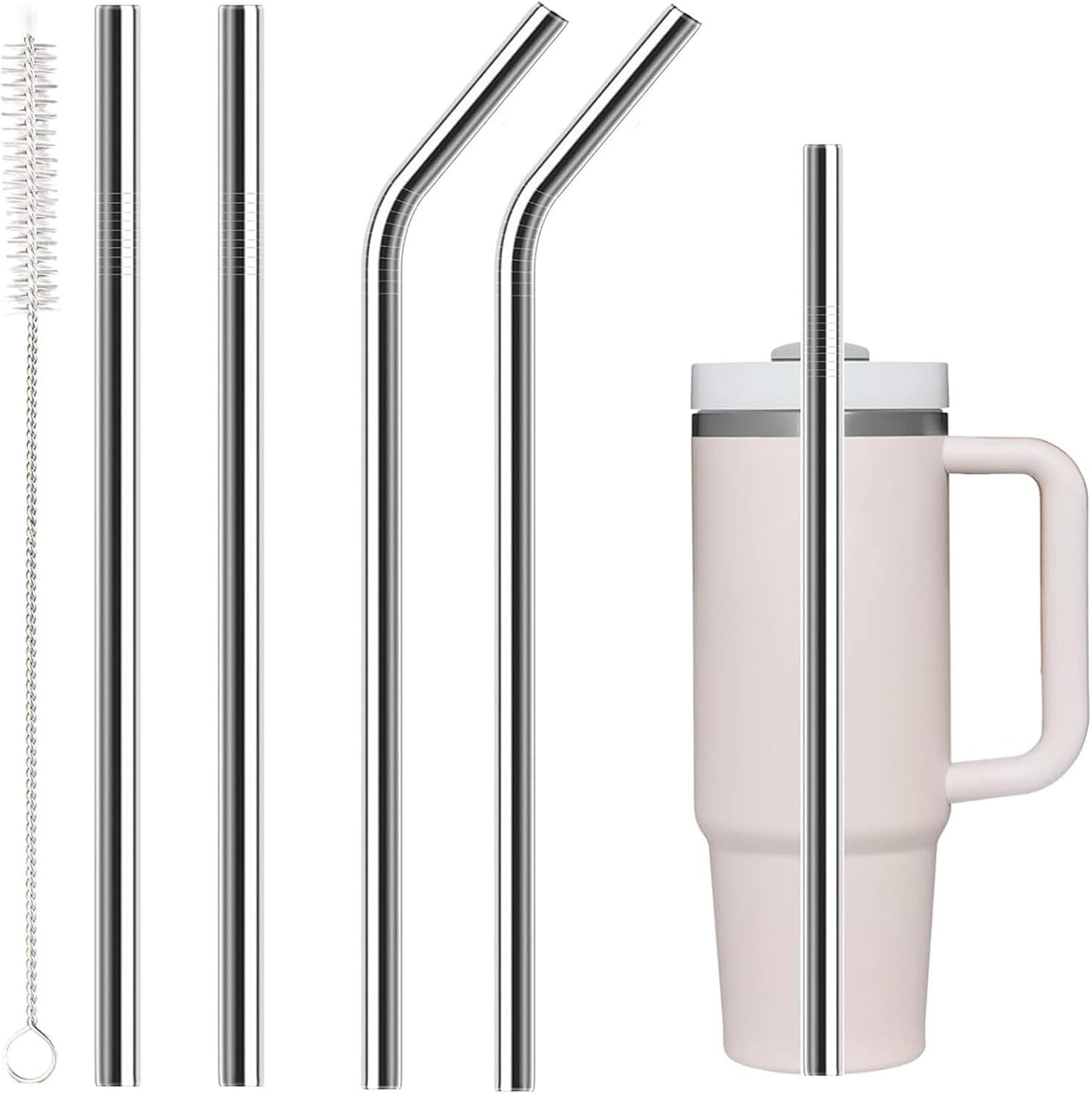 for Stanley Quencher 40oz Tumbler Metal Stainless Steel Straws,2 Straight + 2 Curved Reusable Straws with Cleaning Brush, Compatible for 40oz Stanley Cup Tumbler