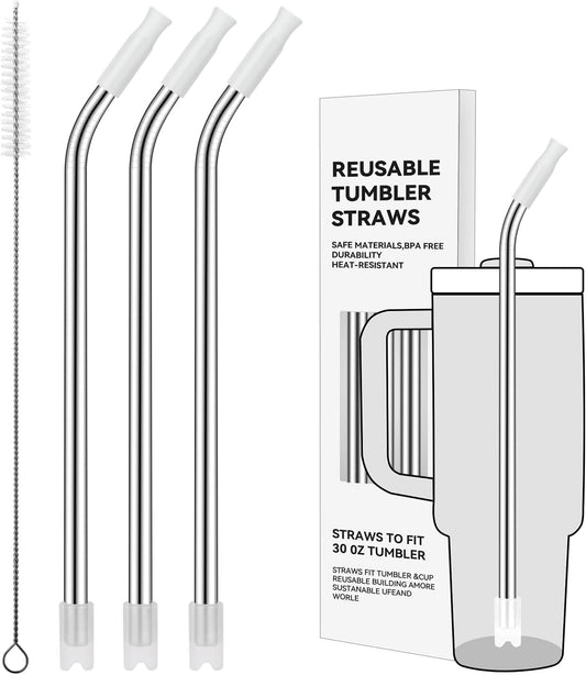 Reusable Stainless Steel Straws with Silicone Tip for Stanley 30oz, Metal Drinking Straws for 30oz Tumbler,3 Bent Tubes & 6 Tips& 1 Cleanr Brush (Transparent)