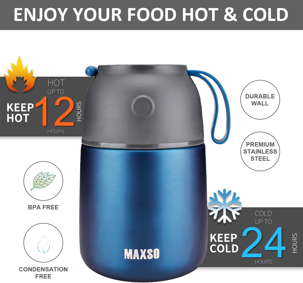 Insulated Thermo Food Jar for Hot & Cold Food for Kids Adult, 17 oz Soup Thermal Hot Food Containers for Lunch, Triple Layer Insulation Stainless Steel Food Jar with Spoon(Blue)