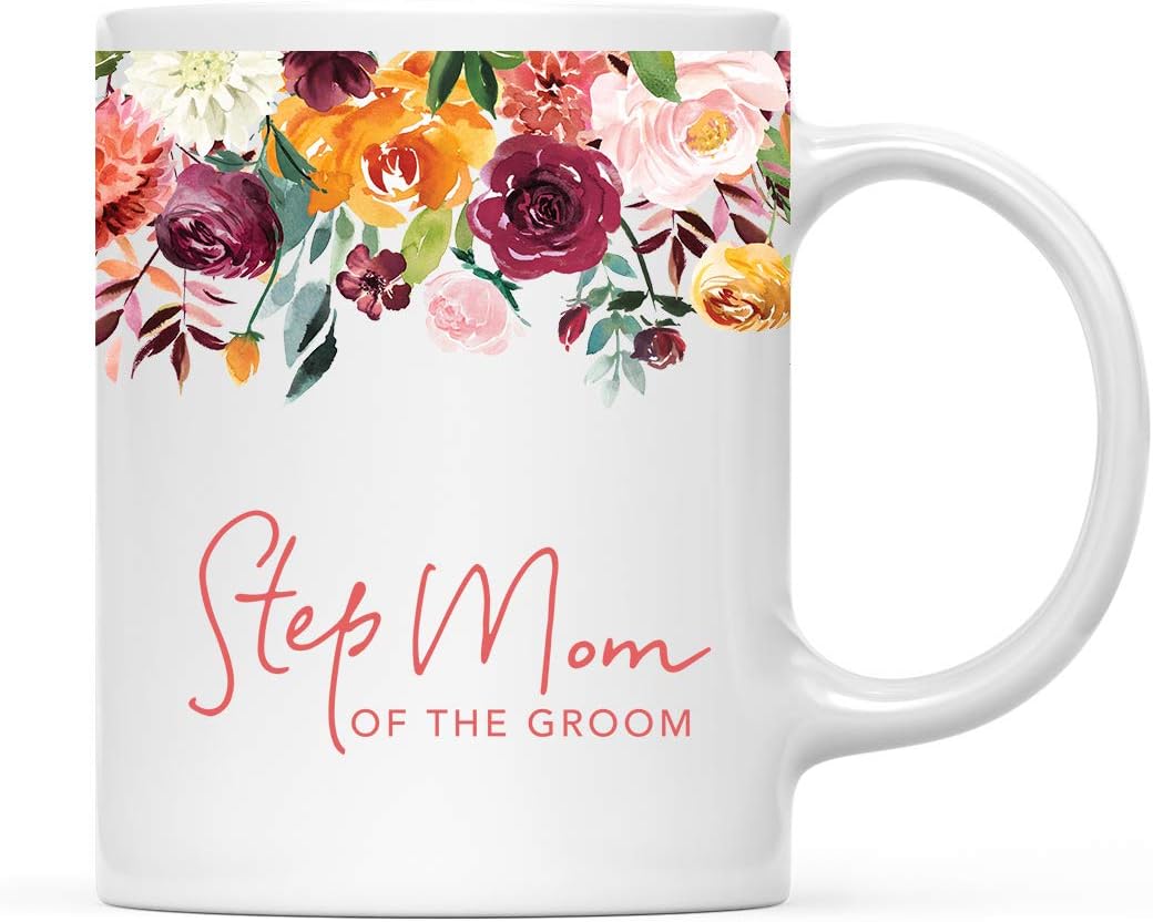 Andaz Press 11oz. Wedding Ceramic Coffee Tea Mug Gift, Fall Autumn Burgundy Orange Peach Flowers Roses Florals, Step Mom of the Groom, 1-Pack, Includes Gift Box