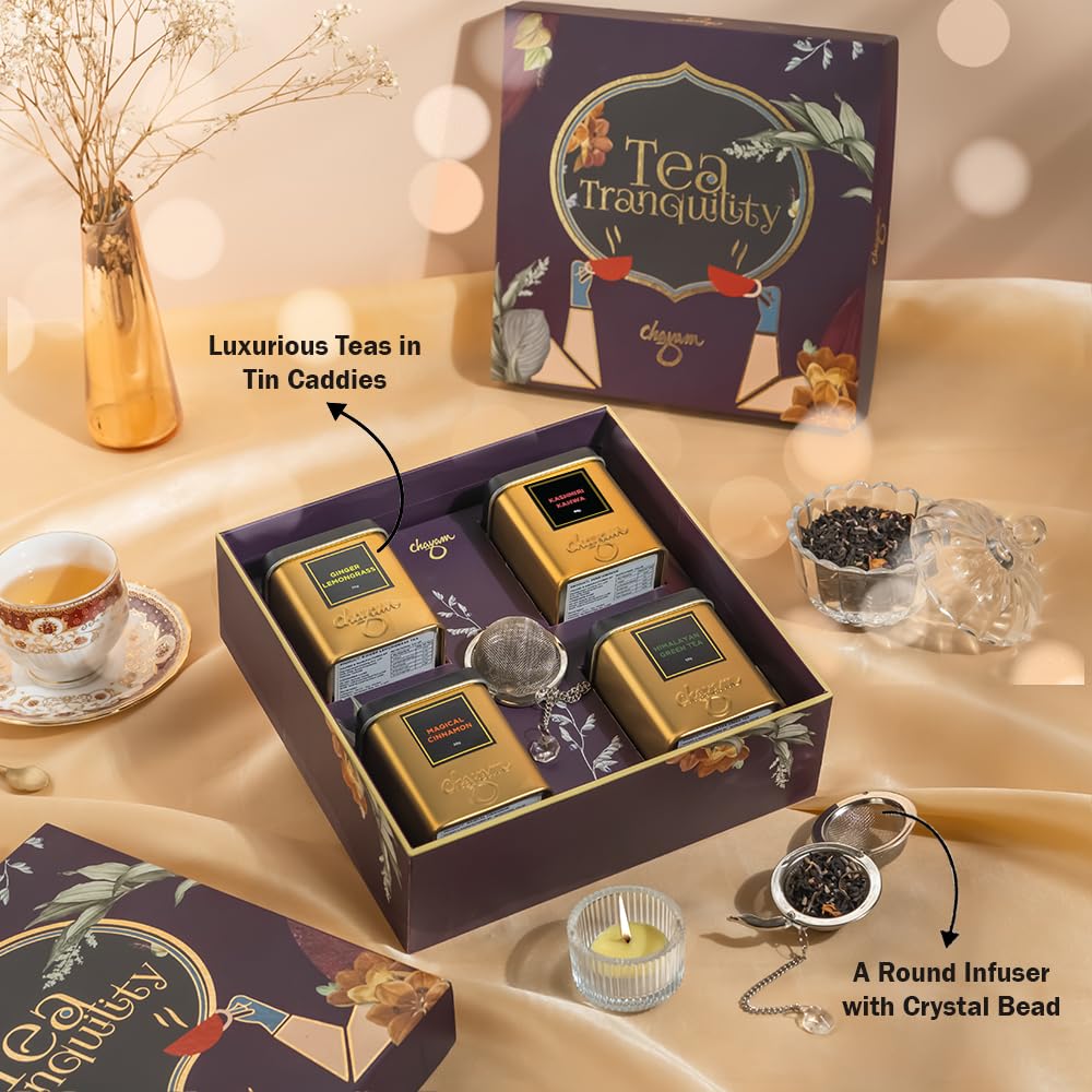 CHAYAM Tea Tranquility Gift Box – 4 Premium Loose Leaf Teas + Stainless Steel Infuser – Wellness Tea Gift – Green, Masala, Kahwa, Ginger Lemongrass – 125+ Cups / 8.82 oz