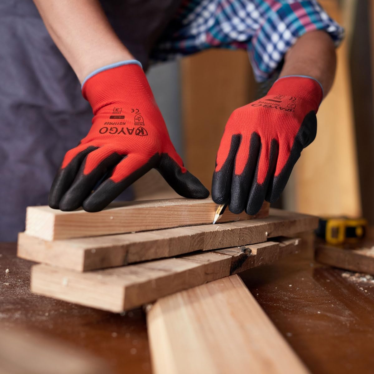 KAYGO Safety Work Gloves PU Coated for men and Women, 60 Pairs KG11P Seamless Knit Glove with Polyurethane Coated Smooth Grip on Palm and Fingers, Ideal for General Duty Work (L, Red)