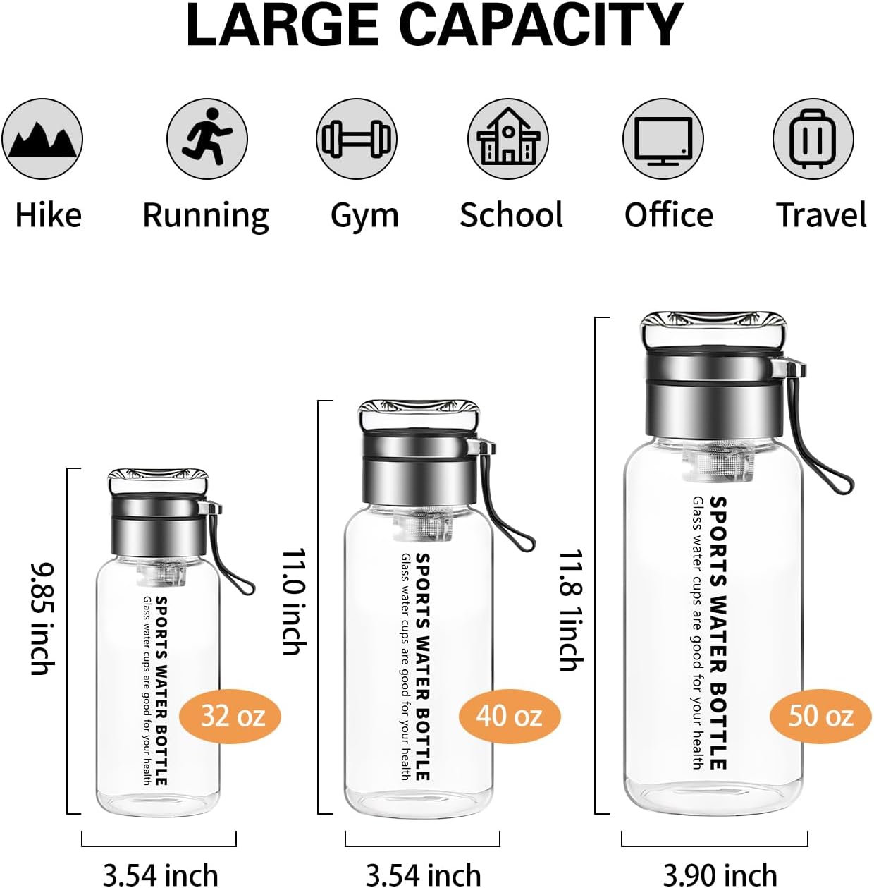 50 oz Glass Water Bottles - Large, Clear, Borosilicate Glass Water Bottle with Stainless Tea Infuser - Cup-Function Lid, Neoprene Sleeve, Strap - Wide Mouth BPA free, for Tea, Beverages, Juice