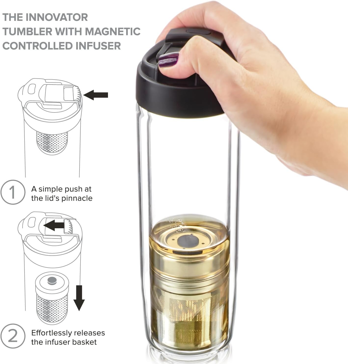 Teabloom Travel Tea Infusing Cup – Insulated Borosilicate Glass Bottle with Magnetic Controlled Infuser and Flip Lid for Hot Tea, Cold-brew Coffee, Fruit Water – The Innovator Tumbler (15oz/450ml)