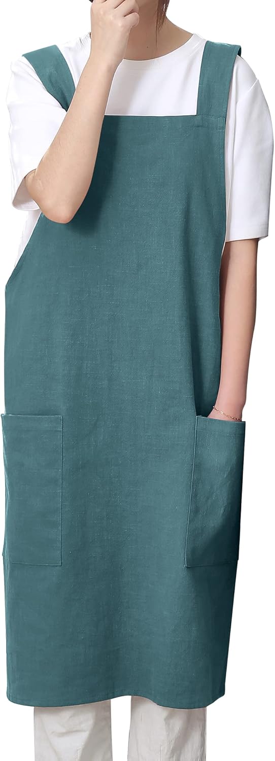 Soft Cotton Linen Apron for Women - Non-tie Cross Back Apron with Pockets, Great for Florist and Kitchen