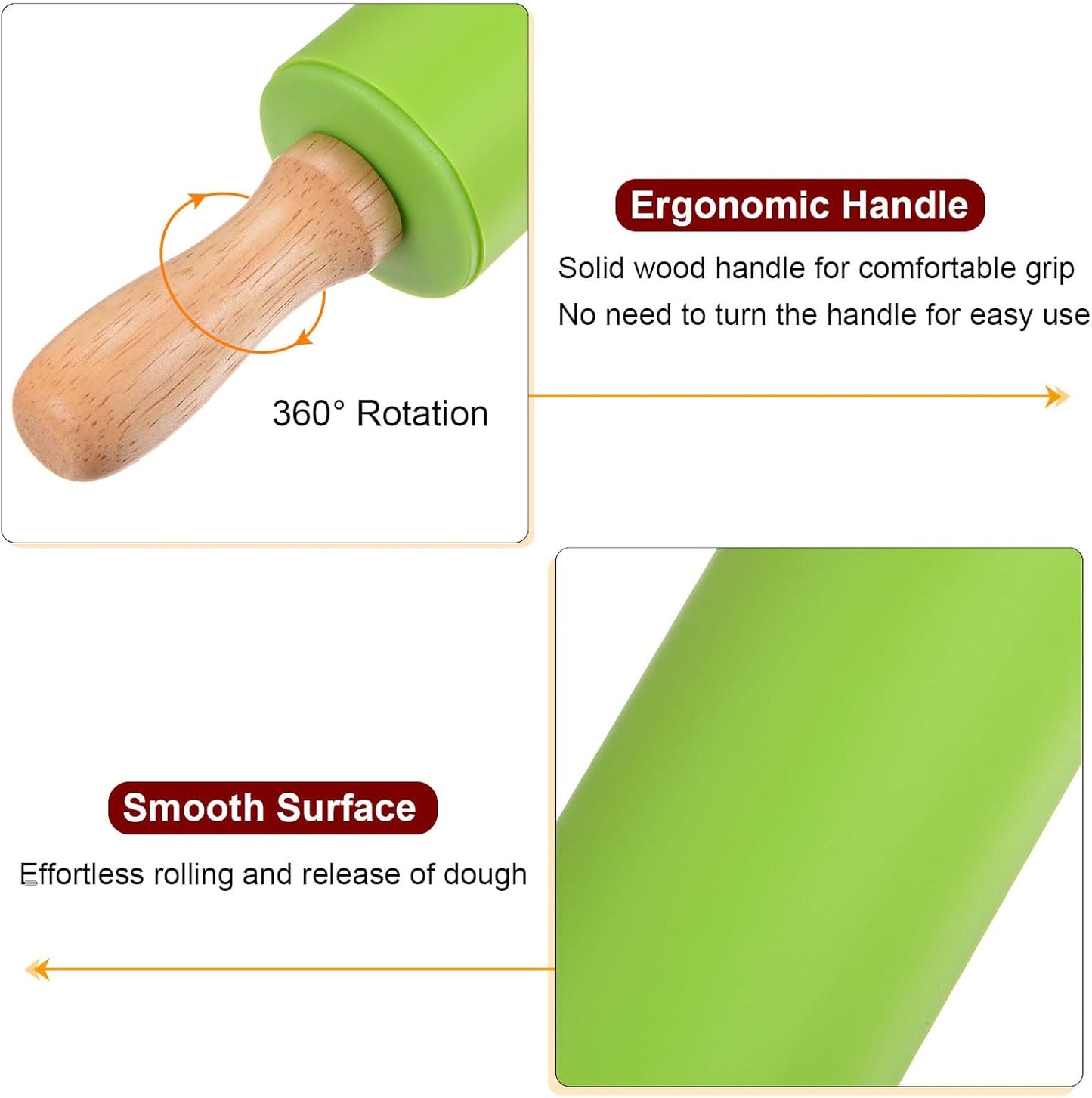 HARFINGTON Silicone Rolling Pins for Baking 12 Inch Wooden Handle Non Stick Rolling Pin Small Roller Playdough Rolling Pins for Dough Pizza Pastry Fondant Kitchen, Green