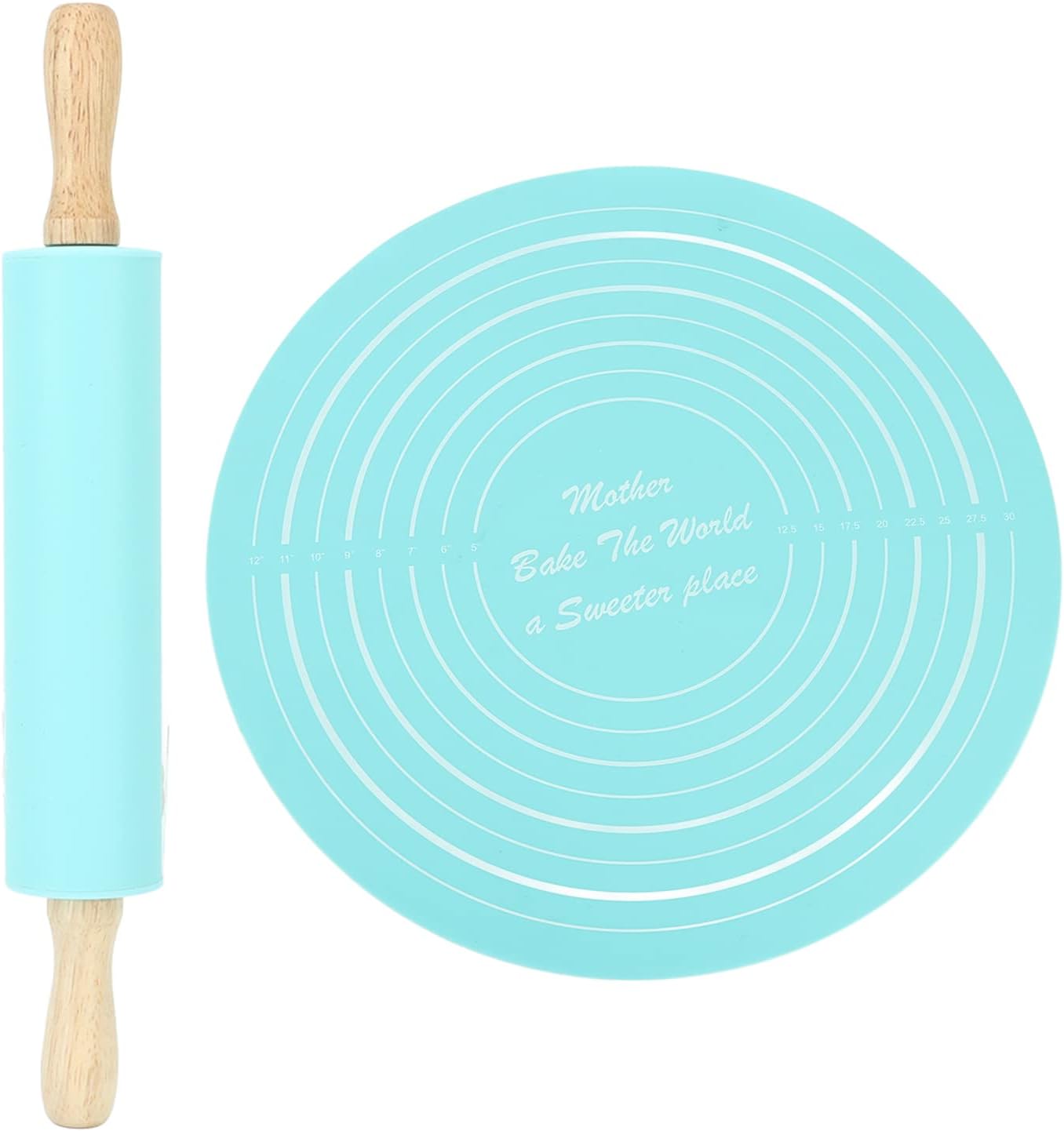 Large Silicone Rolling Pin Pastry Baking Mat Set for Kitchen (Blue)