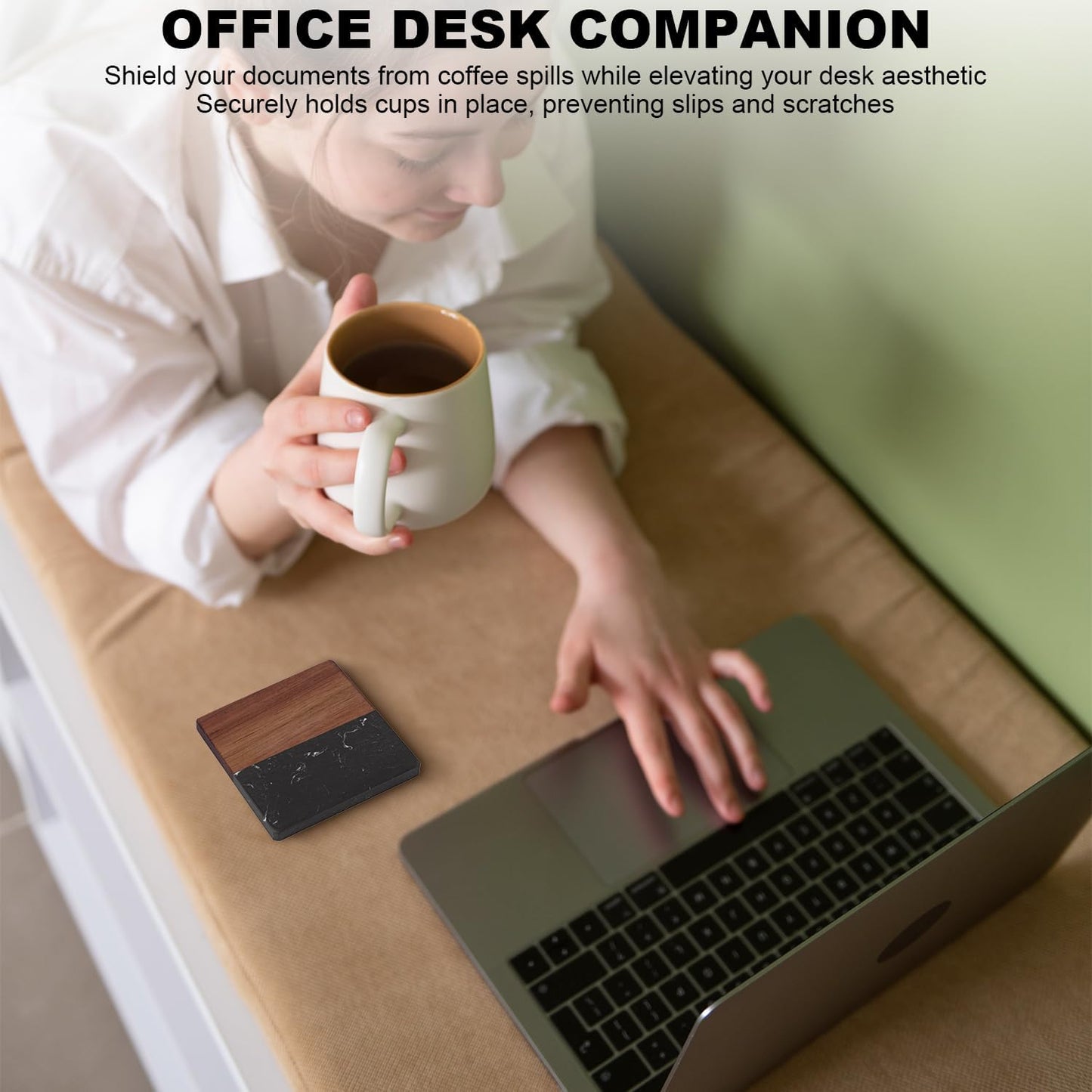 Marble Coasters: 4-Piece Set of Acacia Wood Marble Coasters, Suitable for Kitchens, Offices, and can be Used as Gifts (Black Square)