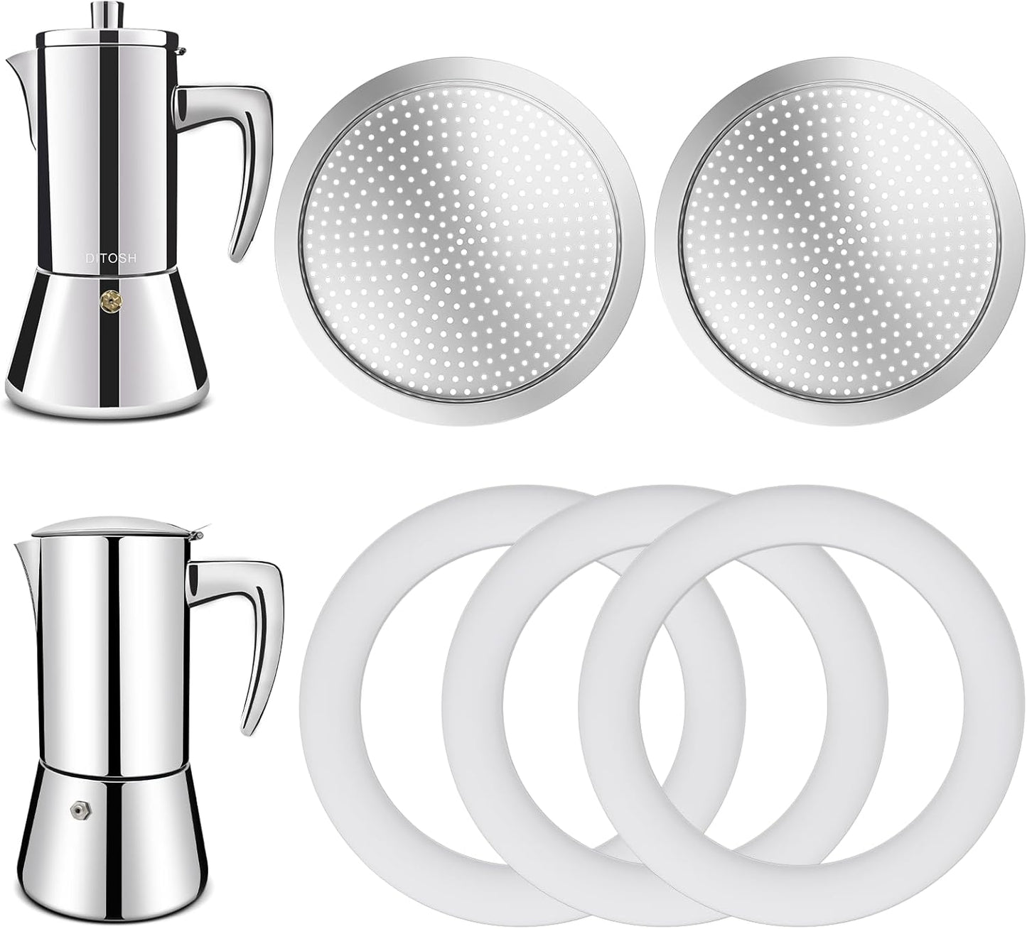2 Pcs Filter with 3 Pcs Silicone Gasket Seals for 6 Cup Stovetop Espresso Coffee Maker Replacement Parts for 304 Stainless Steel Moka Pot
