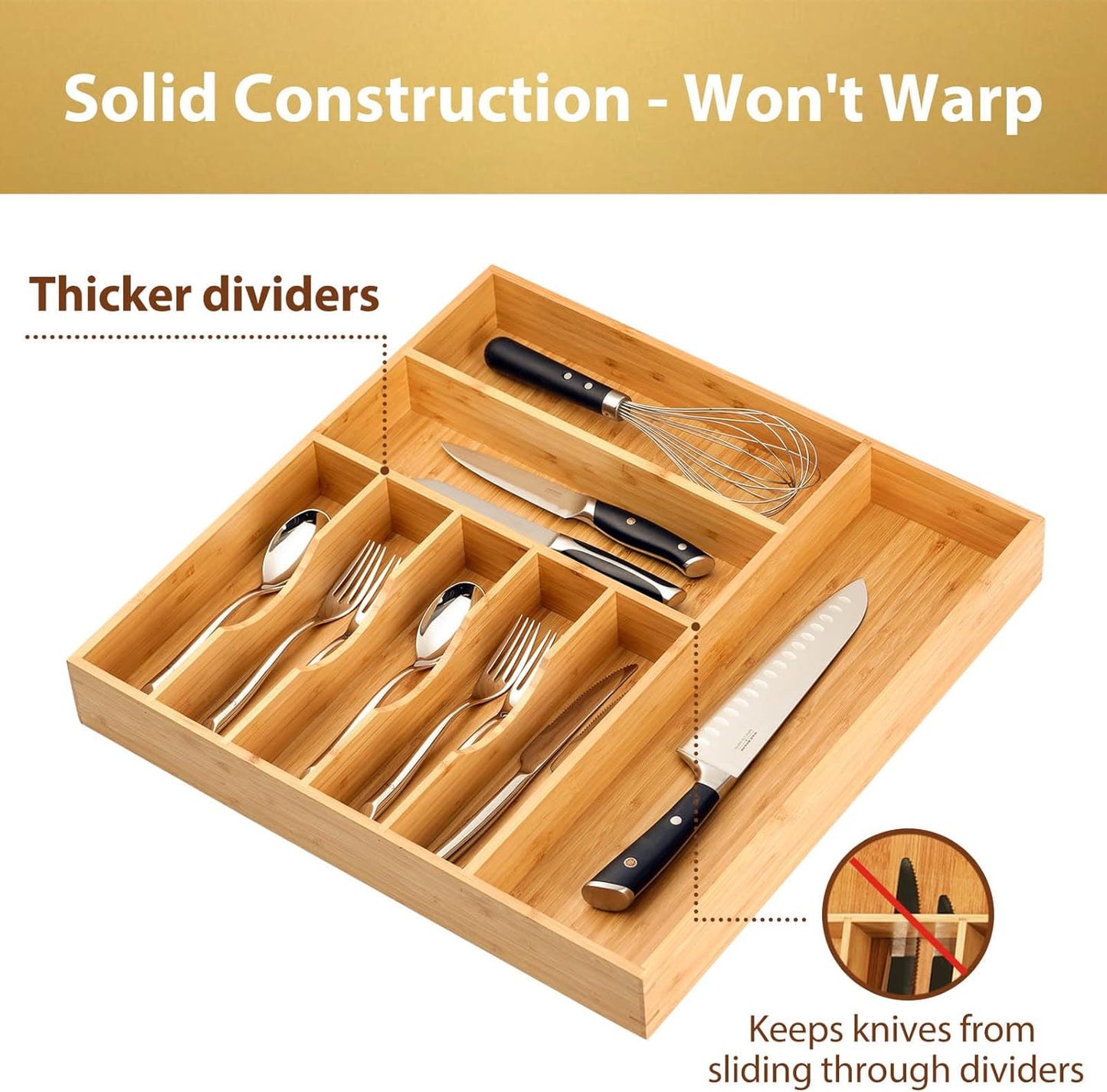 Umilife Large Kitchen Drawer Organizer, 19"x20" Silverware Utensils Organizer, 2.5" High for Large Deep Drawers, Bamboo Flatware Holder with Thick Frames, Sturdy Kitchen Organization Tray