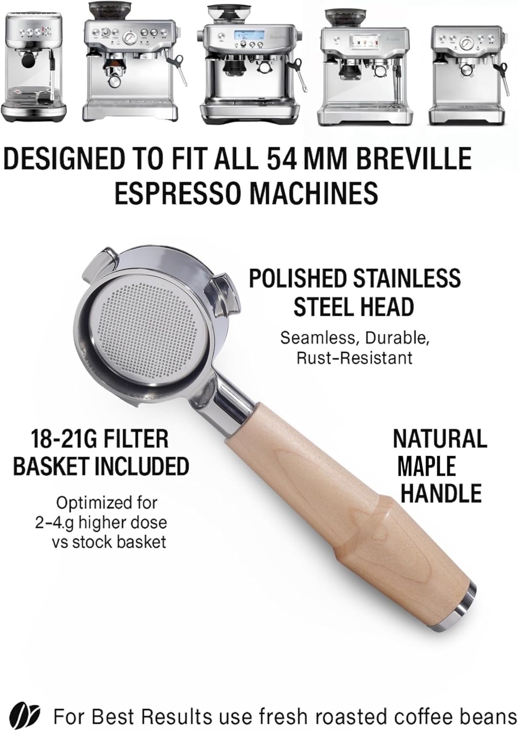 Bottomless Portafilter 54mm Breville Compatible Maple Handle & Naked 18-21 Gram Filter Basket, Fits Barista Express, Pro, Touch, Bambino, Infuser, Duo Temp Pro
