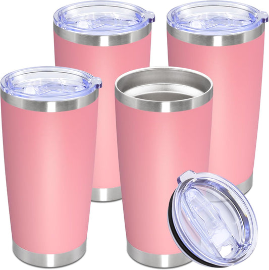 20oz Tumbler Stainless Steel Tumbler Cup with Lid Vacuum Insulated Double Wall Travel Mug, Durable Powder Coated Travel Coffee Tumbler Mug for Hot & Cold Drinks, Pink,4 Pack