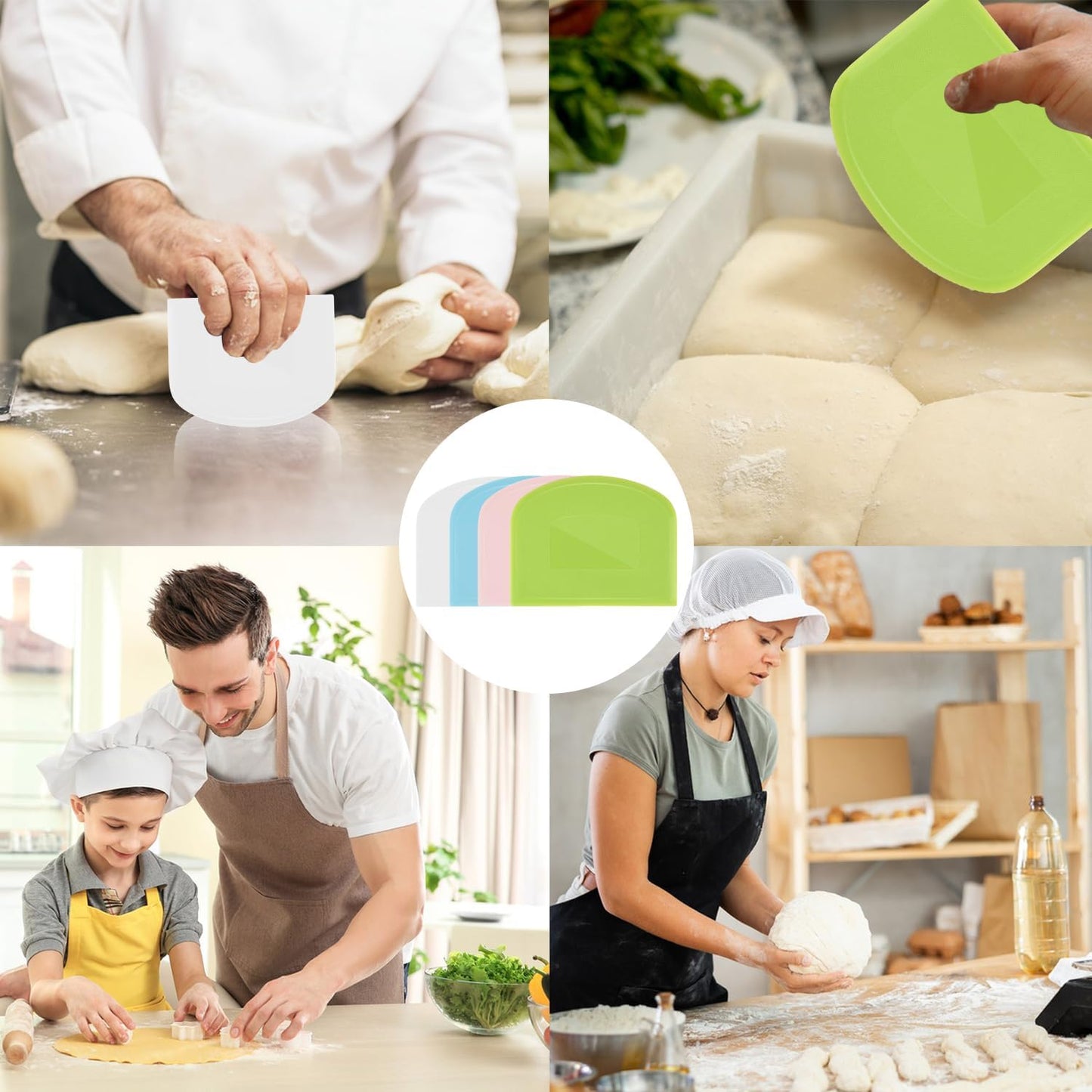 4 Pieces Food Scraper, Flexible Dough Scraper, Dough Scraper for Sourdough, Multifunctional Kitchen Scraper Tool, Baking Scraper, Bread Dough Cutter, Cake Smoother for Icing (White, Green, Blue, Pink)