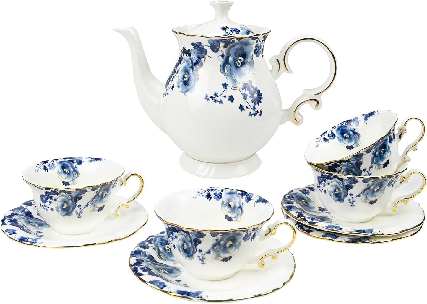 Bone China Tea Set for Adults, 13-Piece Blue and White Porcelain Tea Set for 4, Vintage Floral Tea Set With Teapot and Teaspoons, Tea Party Sets for Women Gift (Blue)