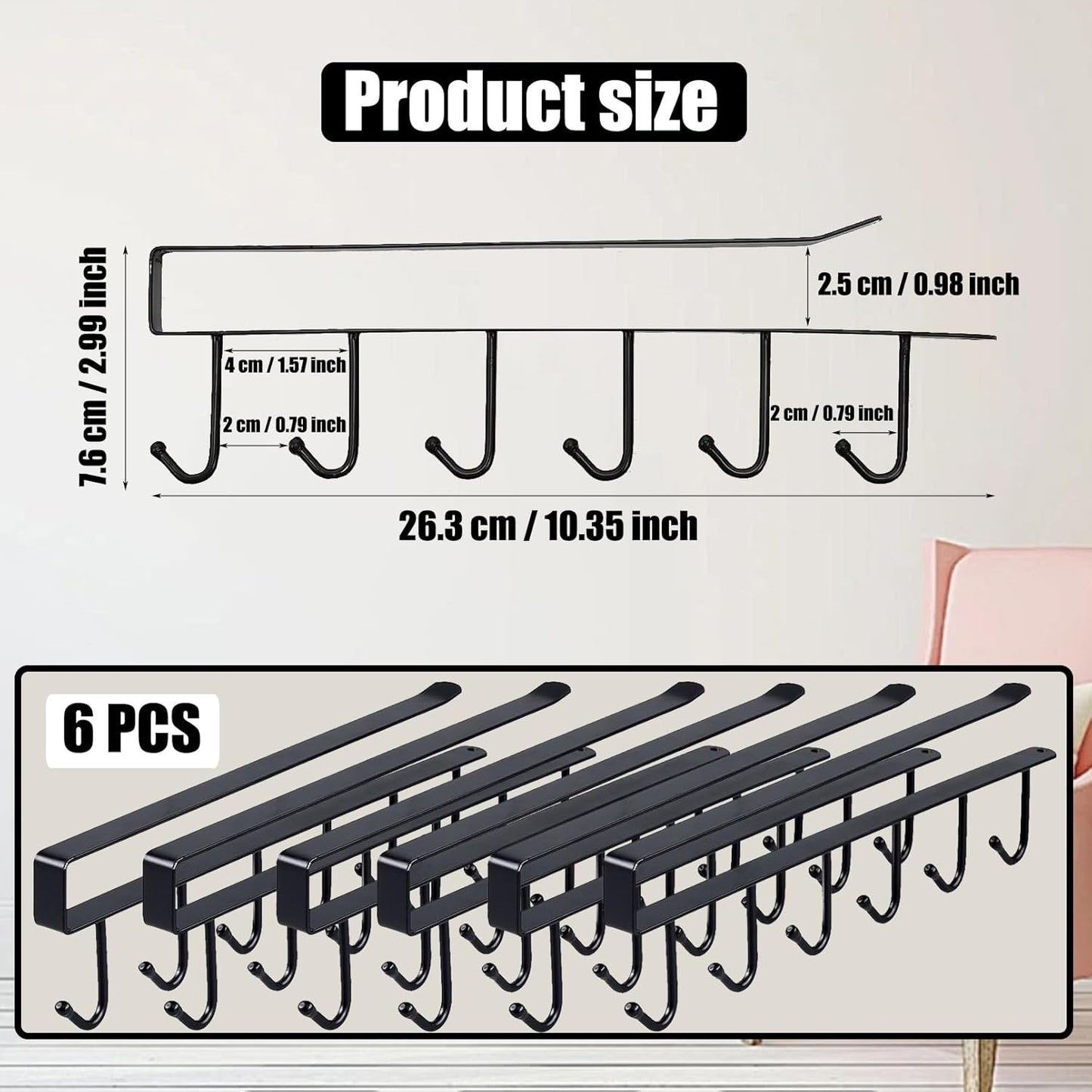 6PCS Mug Hooks Under Cabinet,Mug Holder Under Shelf,Coffee Cups Holder Hanger with 6 Hooks for Kitchen Utensils,Fit for 0.95 inch Thickness or Less,Drilling Free (Black)