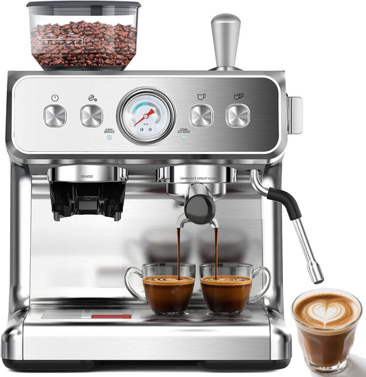 (2025 Upgrade)20 Bar Espresso Machine with Grinder & Milk Frother Steam Wand, Tamping Tools, Expresso Coffee Machines 58mm Commercial Espresso Maker for Home or Café, Perfect for latte, Cappuccino