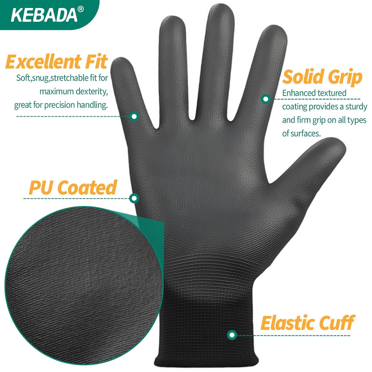 Kebada W1 Safety Work Gloves, PU Coated Touch Screen Work Gloves with Grip, Bulk Pack Working Gloves for Warehouse, Construction, Gardening and Mechanic Use, Black, 50 Pairs, X-Small