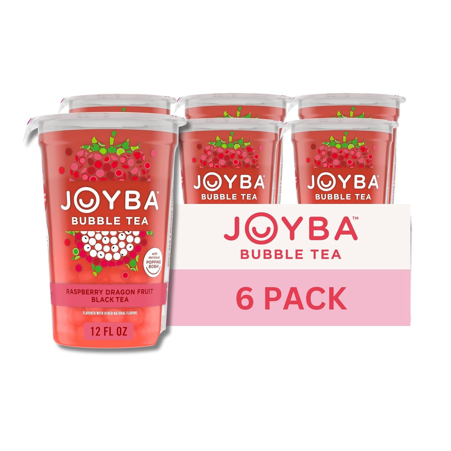 Joyba Bubble Tea Raspberry Dragon Fruit Black Tea with Popping Boba, 6 Pack, 12 fl. oz. Cups