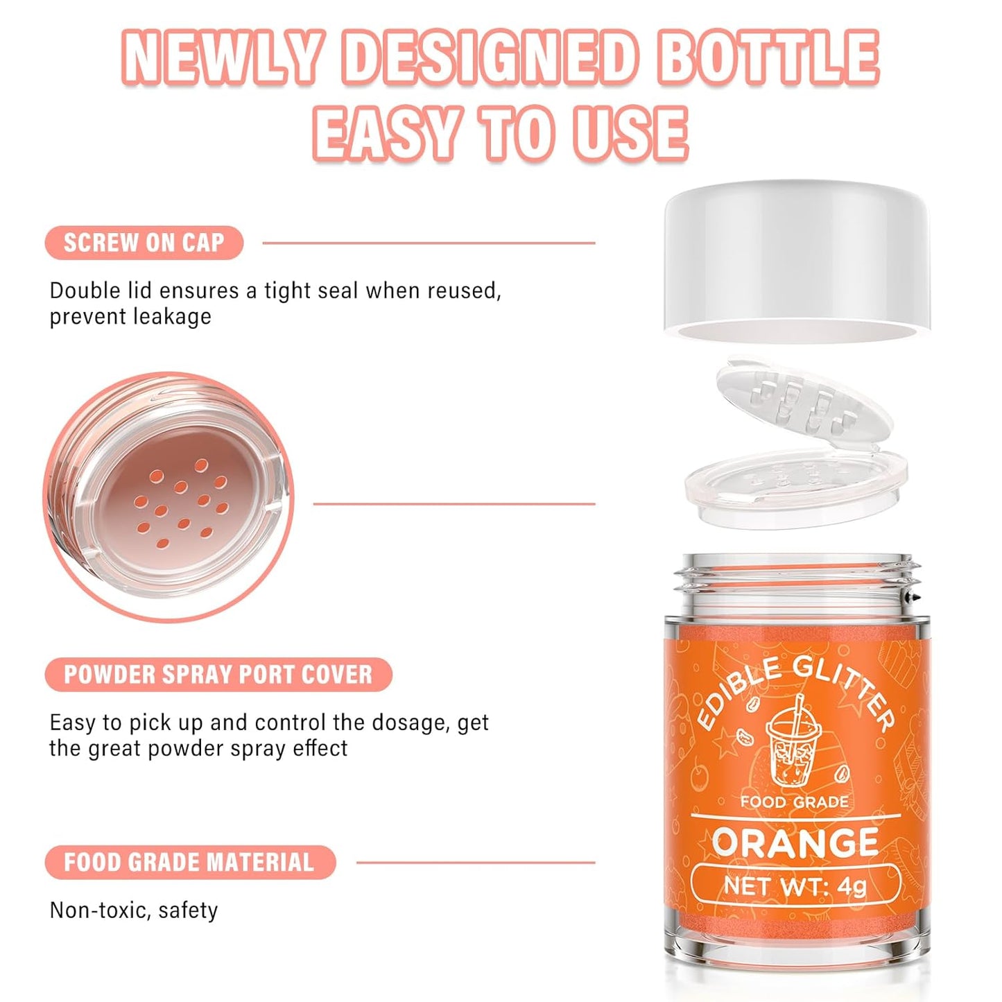 Cherrysea Edible Glitter for Drinks Cocktails Food Grade Edible Drink Shimmer Powder for DIY Champagne Beverages Wine 2 Colors Vegan Edible Luster Dust Set 4g/Bottle Gluten Free - Orange+Red