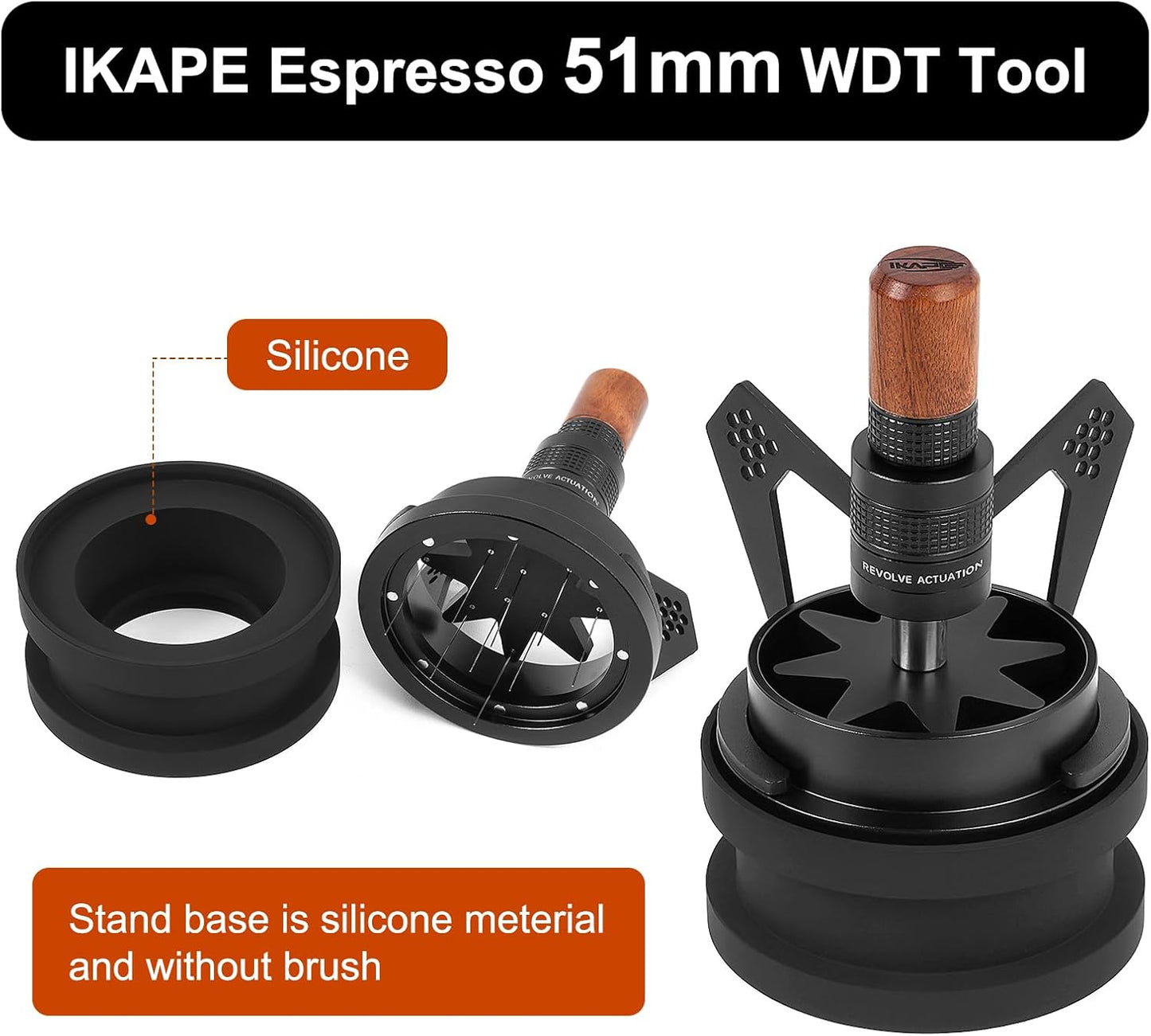 IKAPE Mantis WDT Distribution Tool, V3-51mm Espresso Stirrer Distribution Tool for Barista - 8 Needle Espresso Stirrer with Dosing Funnel & Stand, Adjustable Needle Height, Walnut Handle