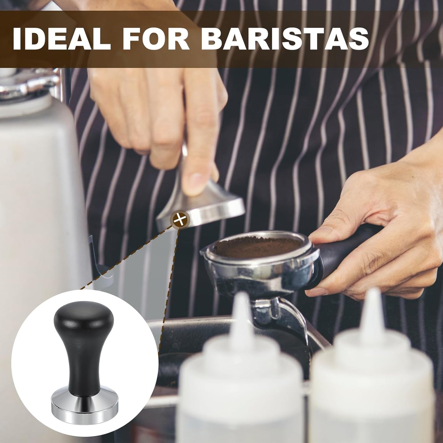 uxcell 53mm Coffee Tamper, Stainless Steel Espresso Press Tamper, Espresso Tamper with Wooden Handle Suitable for Coffee Shop, Restaurant Bar, Bakery (Black)