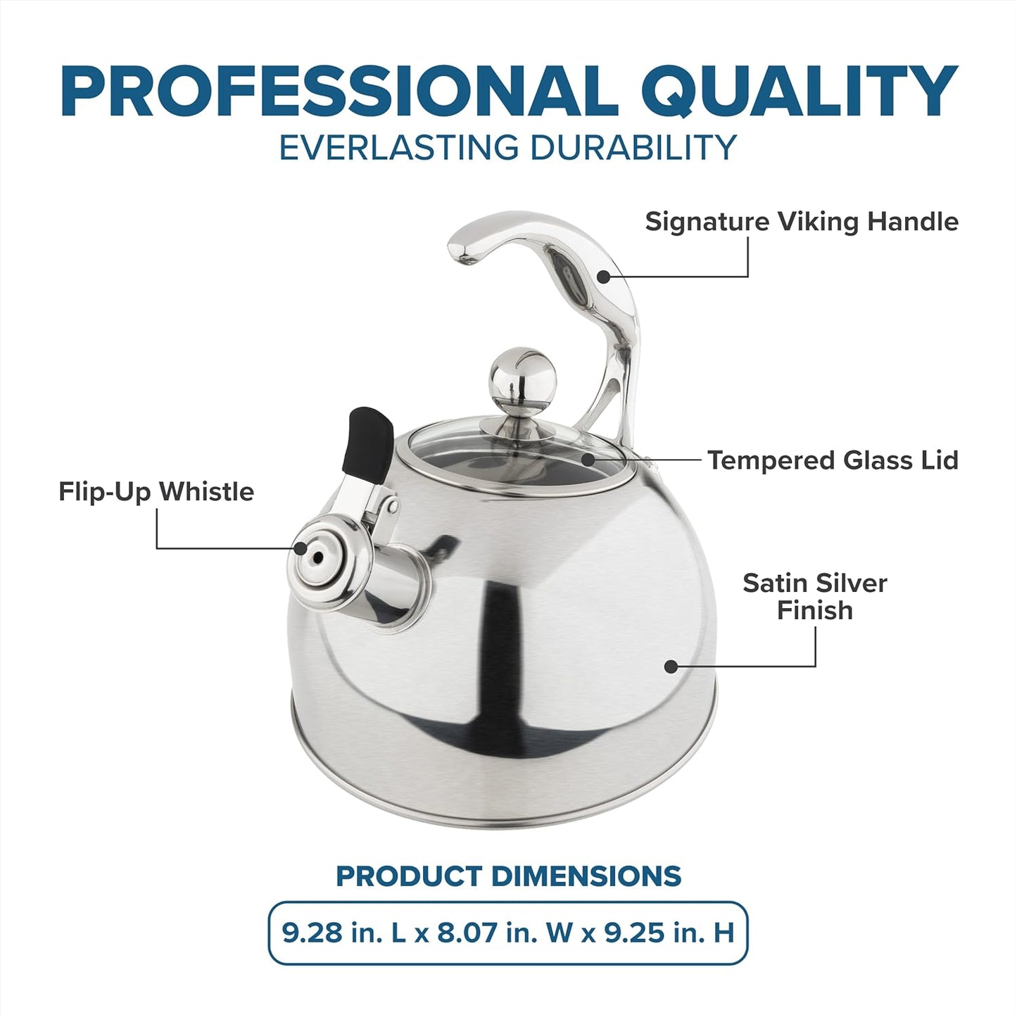 Viking 3-Ply Stainless Steel Tea Kettle, 2.6 Quart Stovetop Hot Water Pot with Tempered Glass Lid, Ergonomic Handle, Induction Ready, Satin Silver