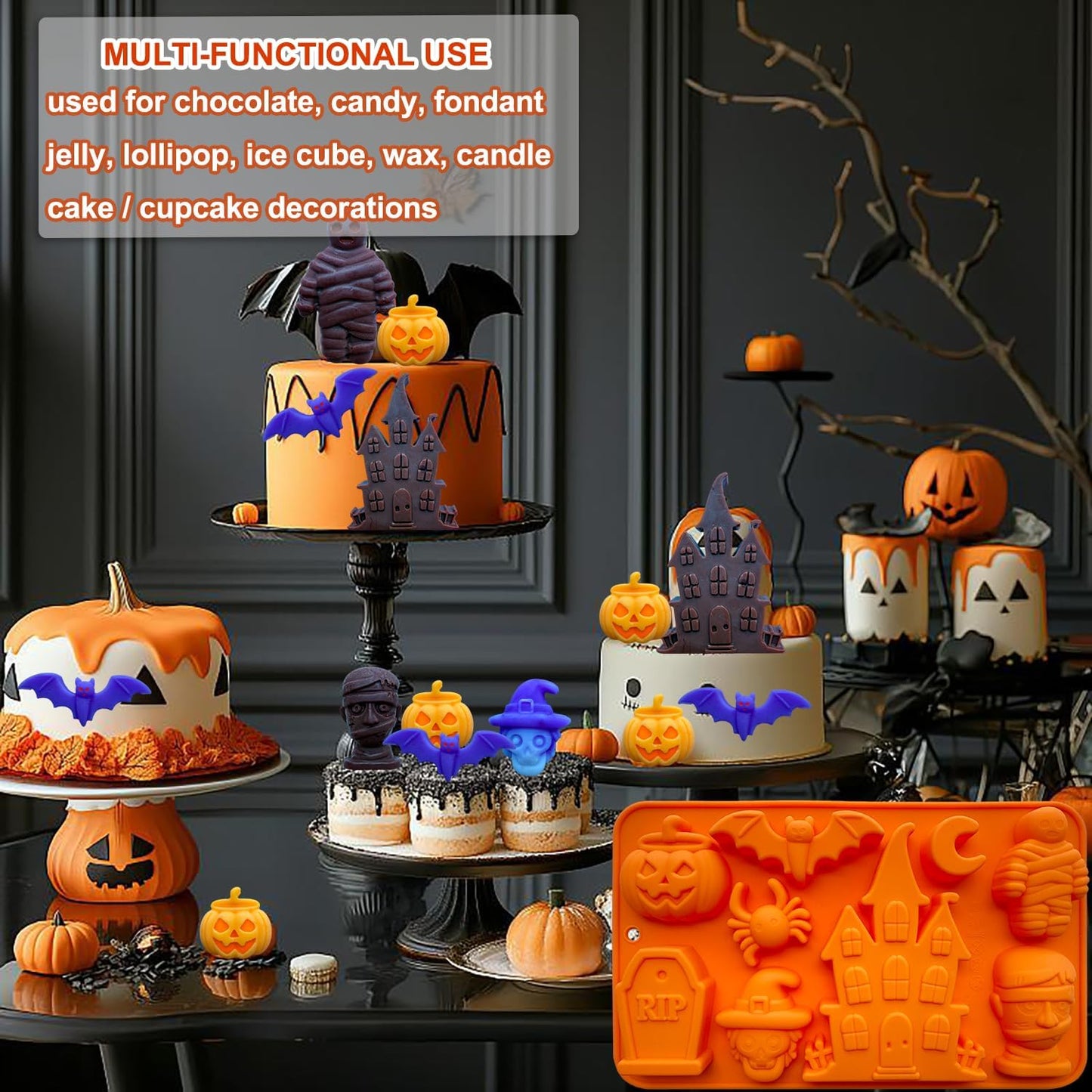 2 Pack Halloween Chocolate Candy Silicone Mold Halloween Molds Castle Pumpkin Tombstone Skull Witch Hat Gummy Jello Baking Mold for DIY Ice Cube Sugar Halloween Party Cupcake Topper Cake Decorating