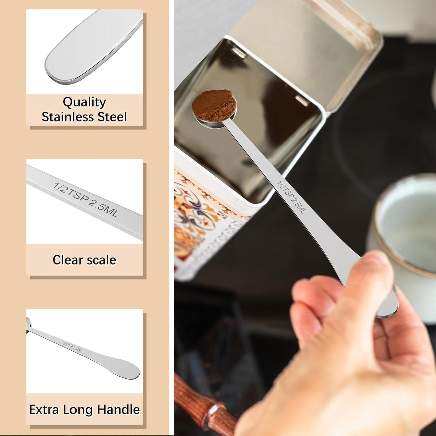 1PCS 1 Teaspoon(1tsp, 1/3tbsp, 5 ml) Single Measuring Spoon, Extra-long Handle Individual Measure Scoop, Stainless Steel Spoons Only