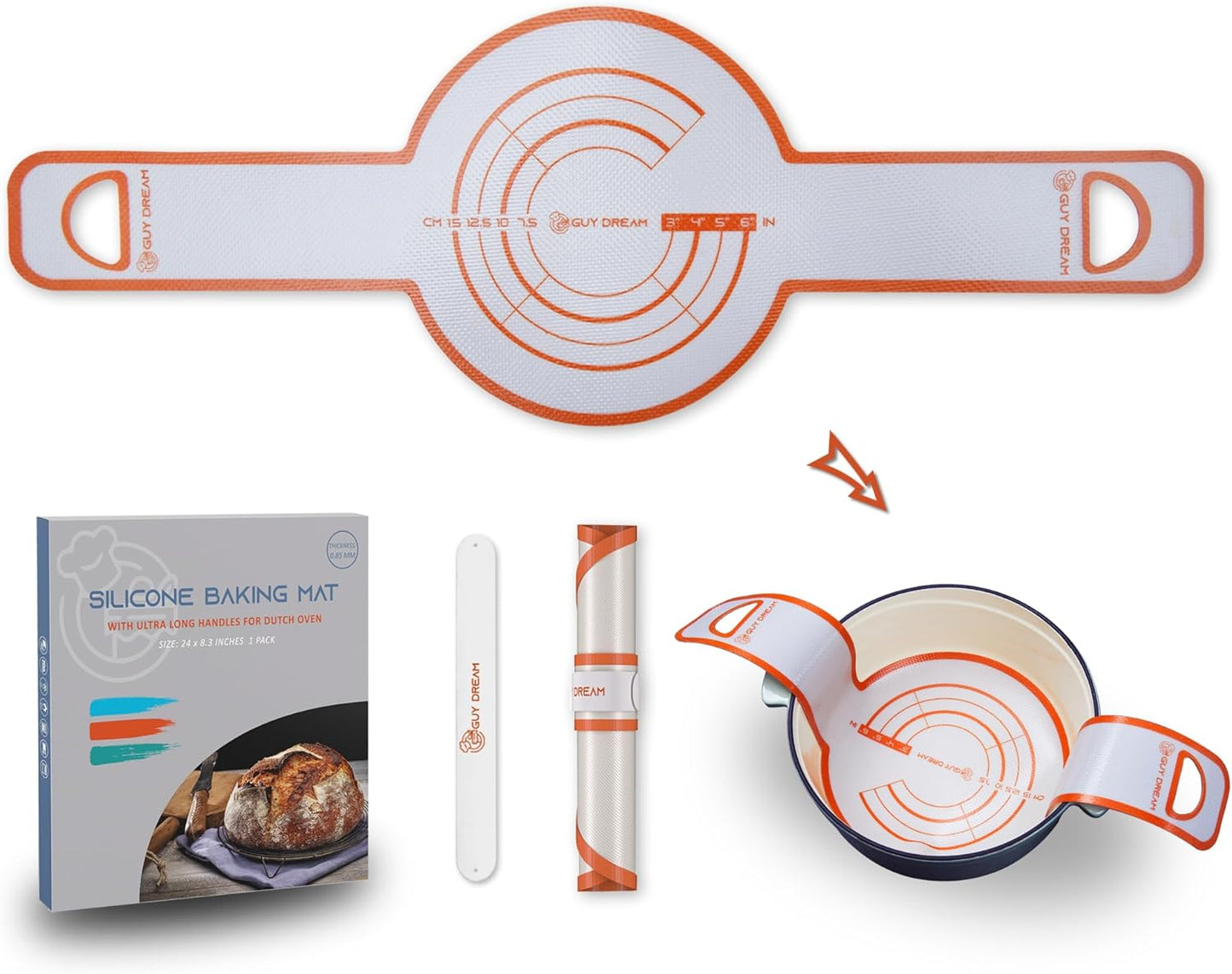 GUYDREMAT Dutch Oven Bread Baking Sling - Heat Resistant, Non-Stick Silicone Mat for Lifting Artisan Loaves, Food-Grade, Reusable Bread Tool, Fits 3-7 Quart Cookware, Easy to Clean