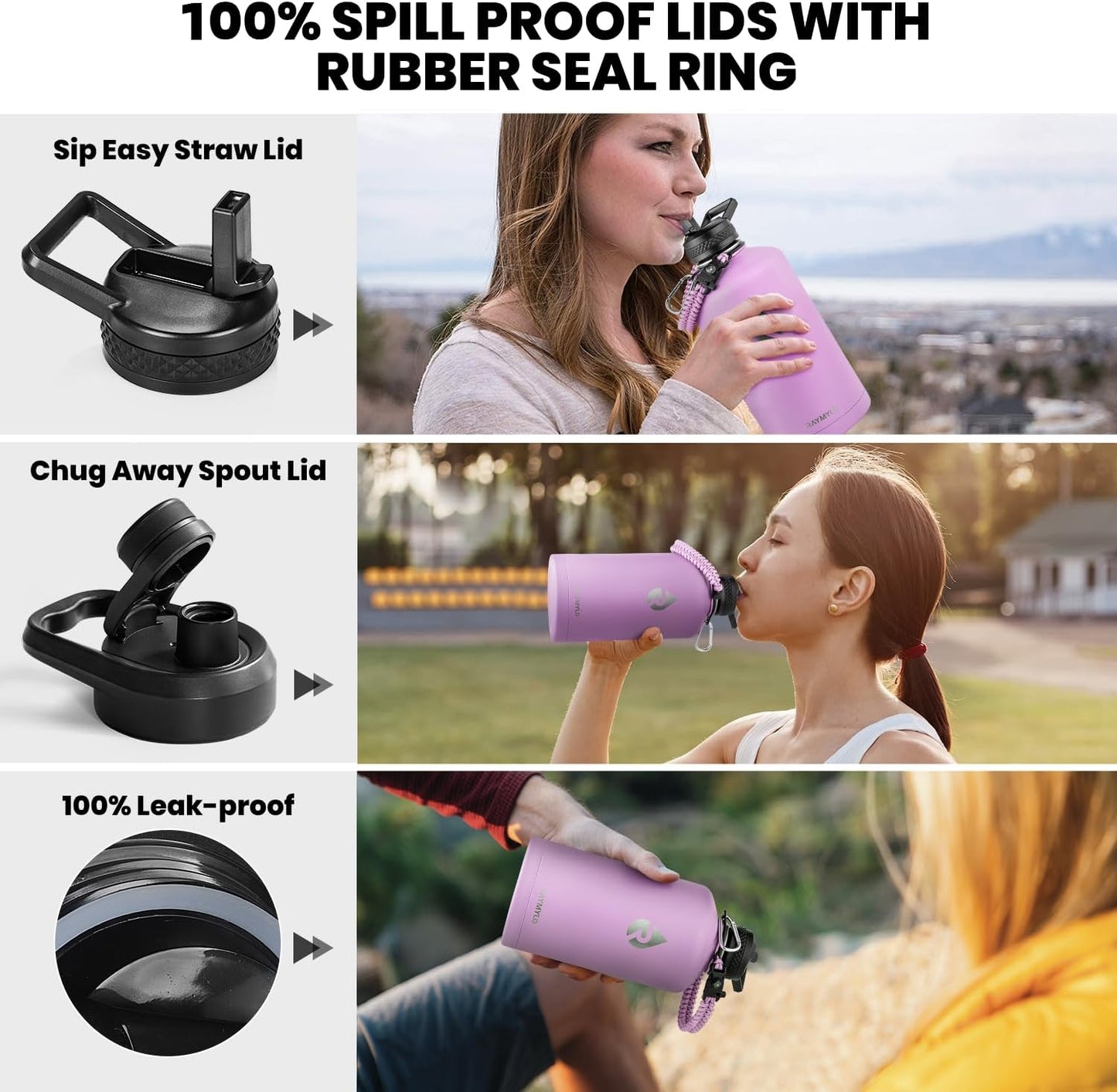 One Gallon Water Bottle Insulated, Triple Walled Vacuum Stainless Steel (Cold for 48 Hrs), Leak Proof & Non-BPA, Large Water Flask Jug with Paracord Handle & Straw Spout Lids