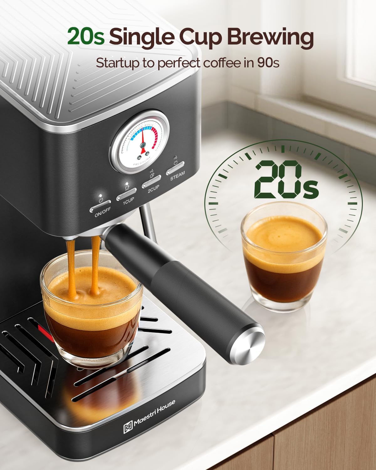 Maestri House Espresso Machine, 20 Bar ULKA Pump, Compact Espresso Maker Built-in Flow Meter Steam Milk Frother, Stainless Steel Coffee Machine for Cappuccino, Latte (Black)