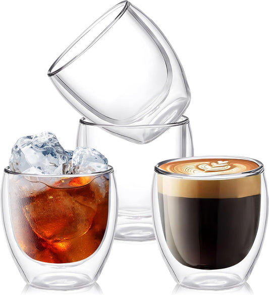 Set of 4 Double Walled Glass Coffee Mugs 8 Ounces Insulated Layer Coffee Cups Borosilicate Glass Espresso Cup for Hot Beverage,Cappuccino,Tea,Latte,Wine,Microwave Safe