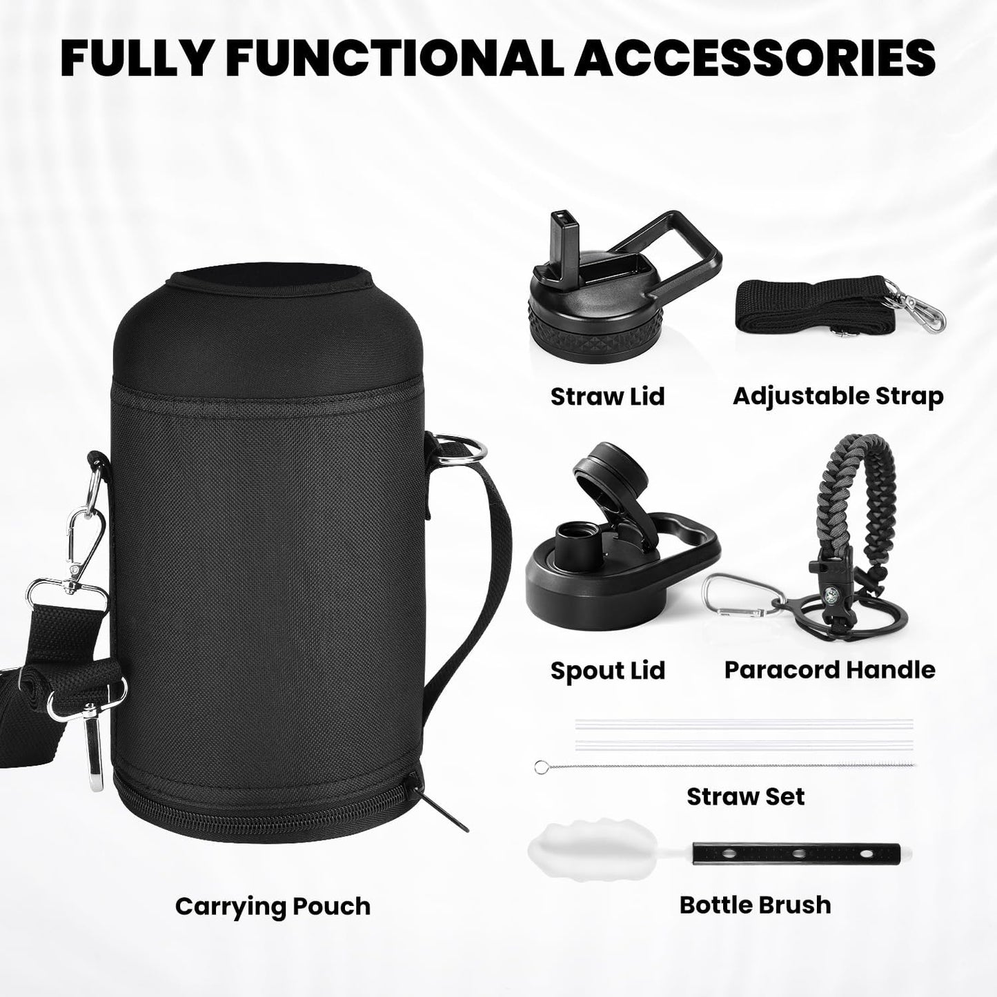 Insulated Water Bottle 64 oz, Triple Wall Vacuum Stainless Steel (Cold for 48 Hrs), Leak Proof & Non-BPA, Half Gallon Water Flask Jug with Paracord Handle & Straw Spout Lids, Dark Gray