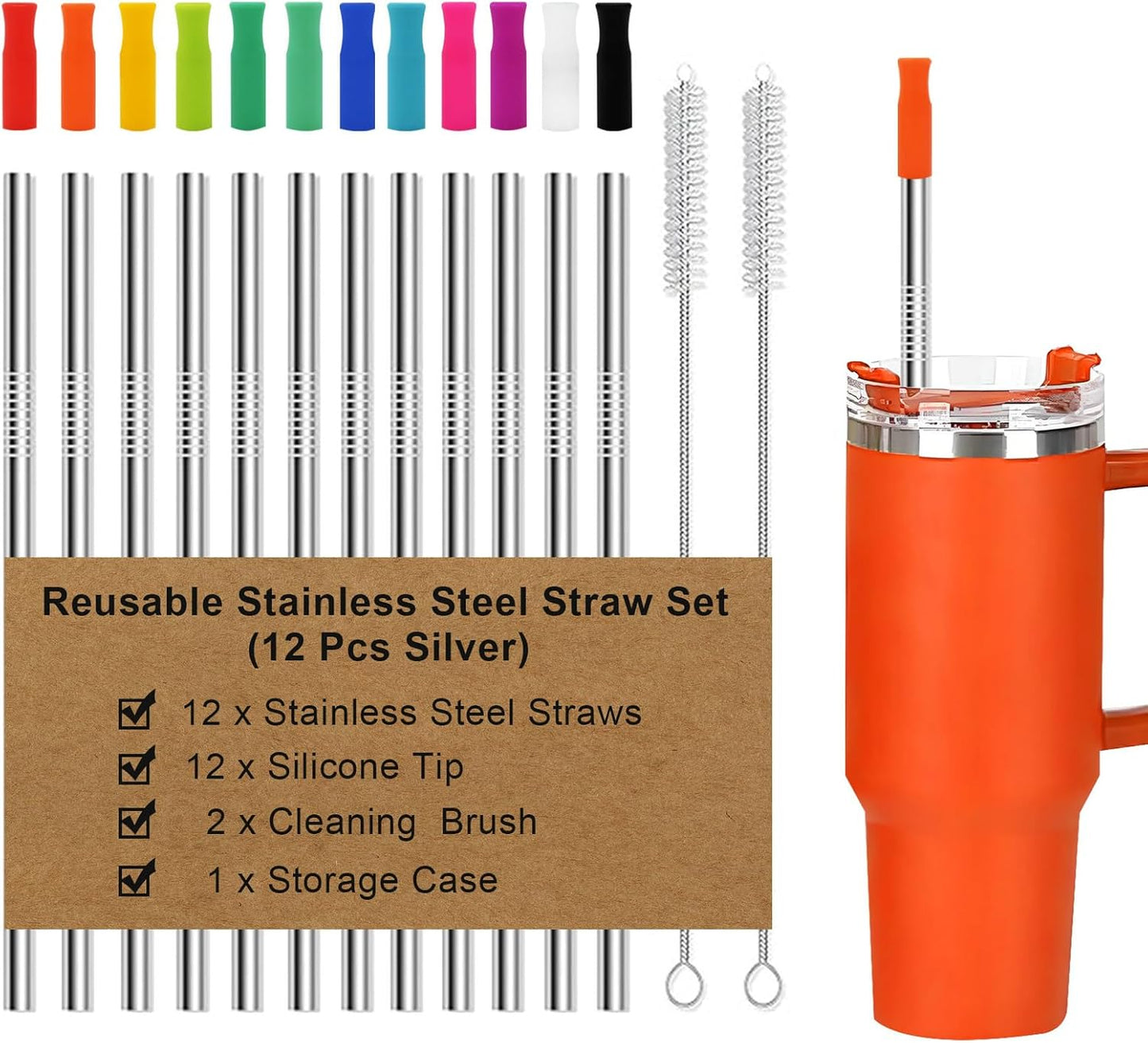 Newly Upgraded 8.5In Reusable Stainless Steel Straws Set 12 PCS with 12 Silicone Tips, 2 Straw Brush, 1 Storage Case, BPA Free, Eco-Friendly Metal Straws for 14, 20, 30 oz Tumbler，for Hot/Cold Drinks