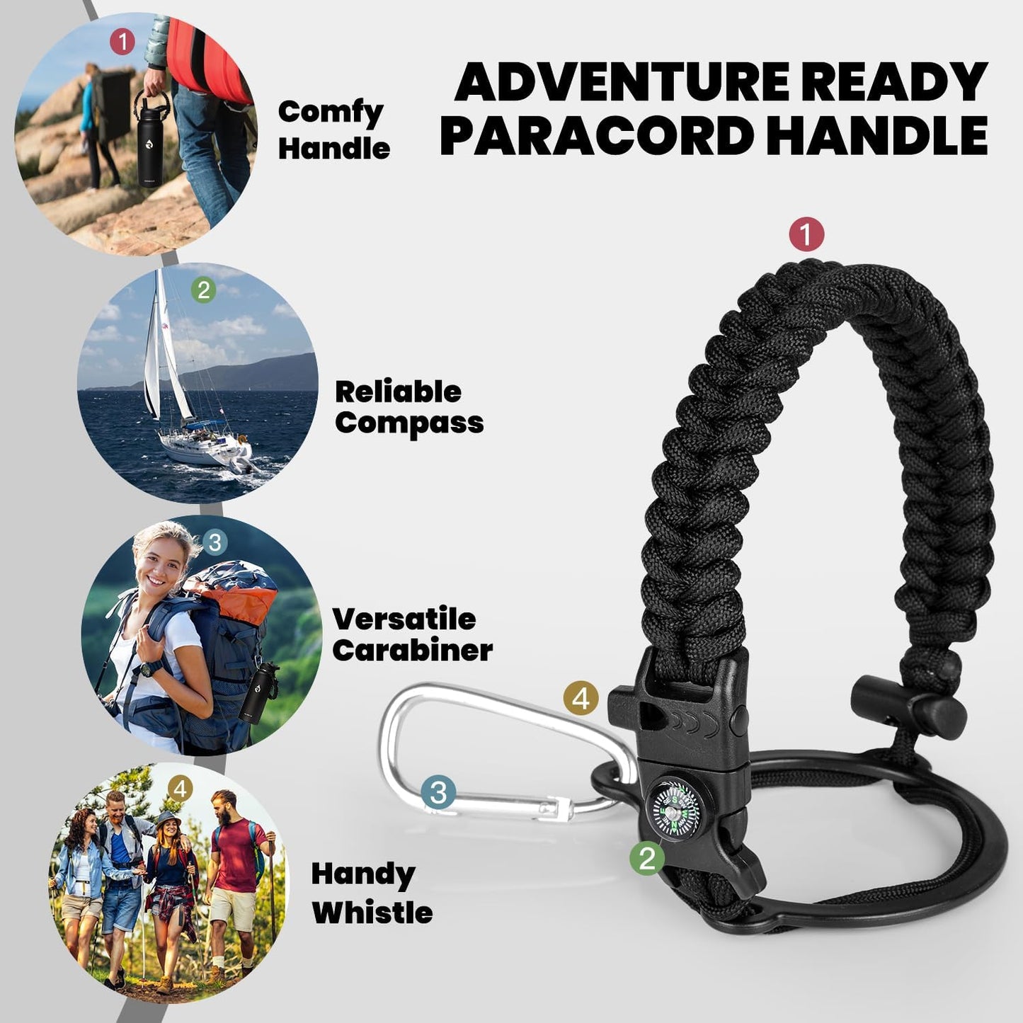 Insulated Water Bottle 32 oz, Triple Wall Vacuum Stainless Steel (Cold for 48 Hrs), Leak Proof & Non-BPA, Modern Water Flask Jug with Paracord Handle & Straw Spout Lids, Magic Black