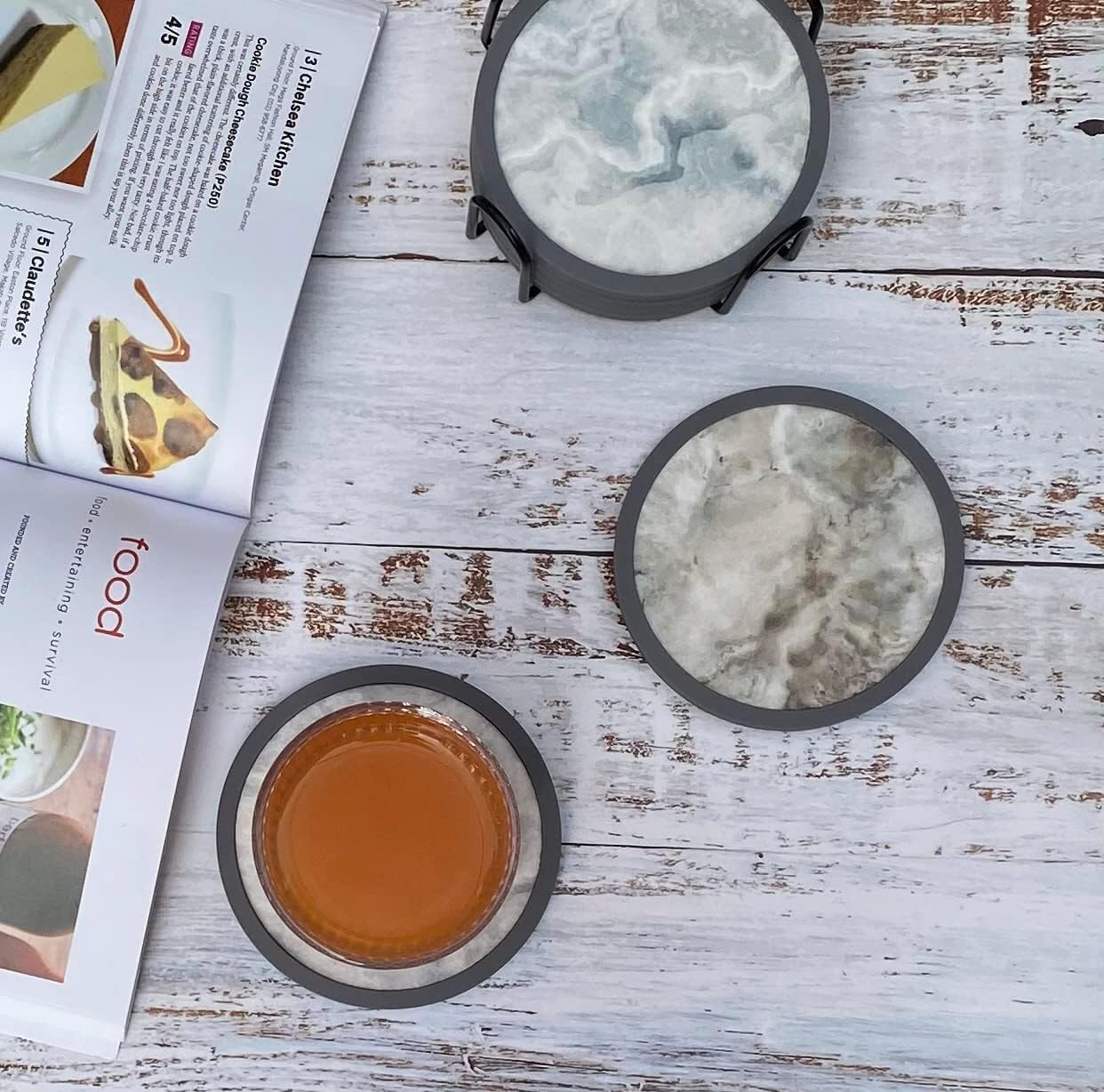 Absorbent Coasters for Drinks with Holder - 6packs, Silicone Coaster with Soft Felt Insert (4.3 inch Coasters with 4.5 inch Holder, Marble Style)