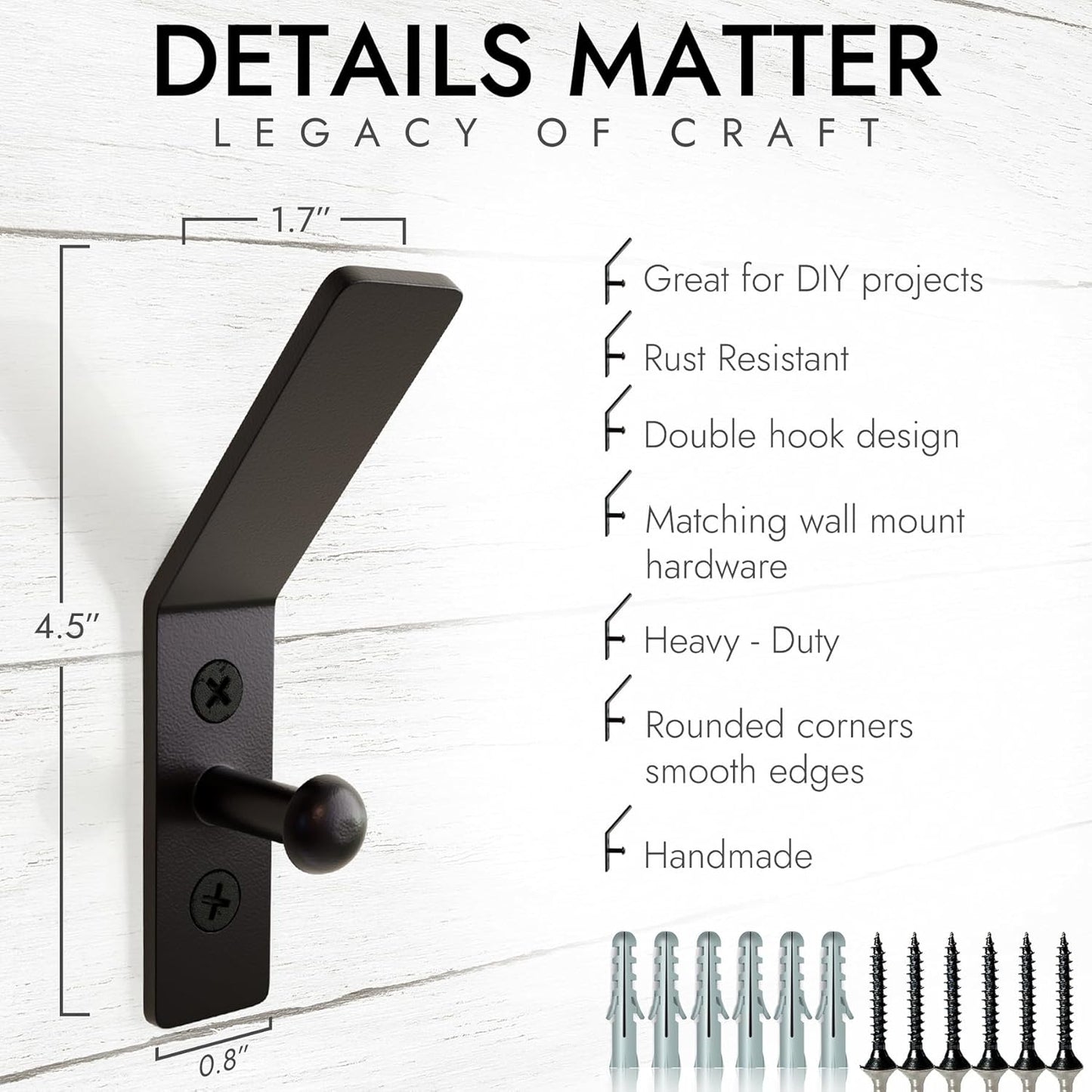 RTZEN Wall Mount Hook Set - Wrought Iron Decorative Rustic Metal Coat Hooks for Hanging - Handcrafted Classic Farmhouse Wall Mounted Black Hooks for Towel Robe or Hat Hanging - 3 Pack