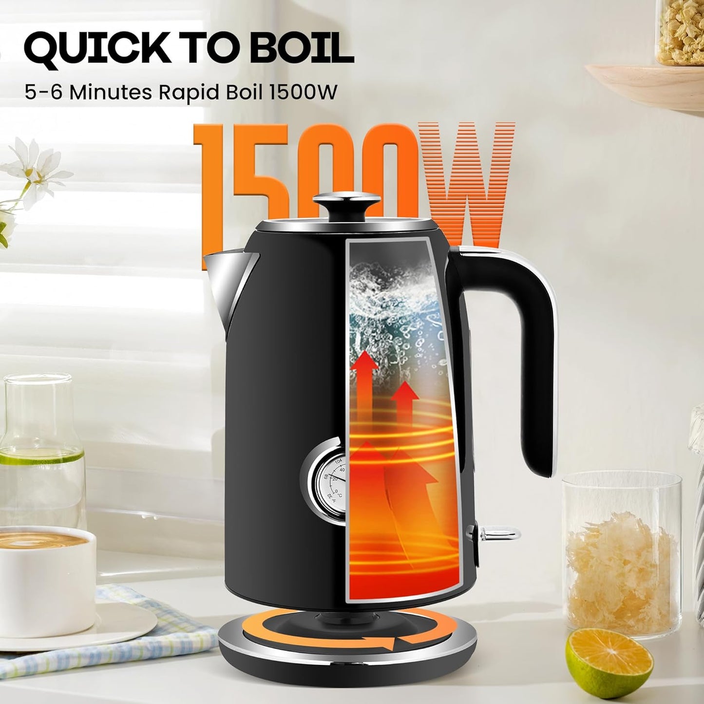 PUKOMC Electric Kettle, 1.7L Stainless Steel Tea Kettle with Temperature Gauge, 1500W Water Boiler with LED Light, BPA-Free, Auto Shut-Off and Boil-Dry Protection (Black)