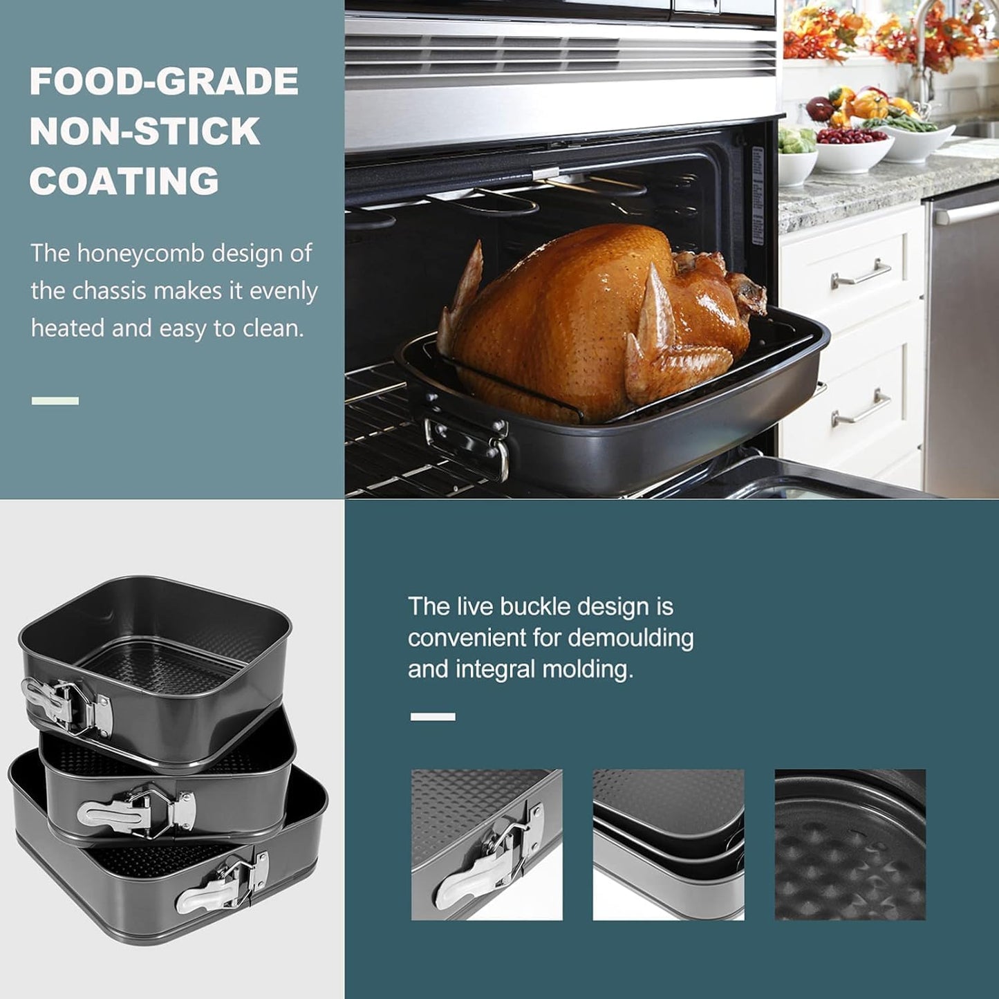 Springform Cake Pan Set of 3 (9.5, 10, 11 Inch) Square Baking Pans Nonstick Cheesecake Pans with Removable Bottom Bakeware for Cake, Cheesecakes, Pizza, and Quiches