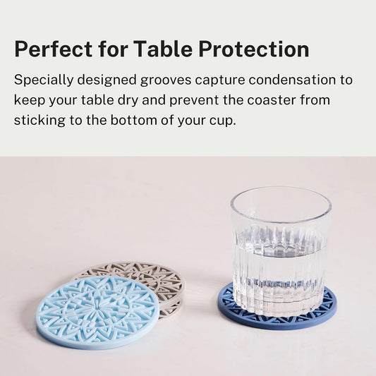 Set of 6 Navy Silicone Coasters with Holder, Drink Coasters with Tribal Pattern Shape- for Table Protection, Anti Slip, Nonstick, Heat Resistant, Deep Tray