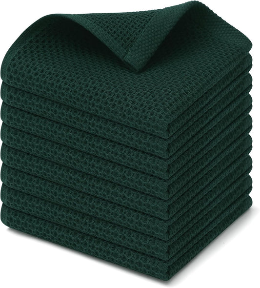 Kitinjoy 100% Cotton Kitchen Dish Cloths, 8 Pack Waffle Weave Ultra Soft Absorbent Dish Towels for Drying Dishes Quick Drying Kitchen Towels Dish Rags, 12 X 12 Inches, Blackish Green
