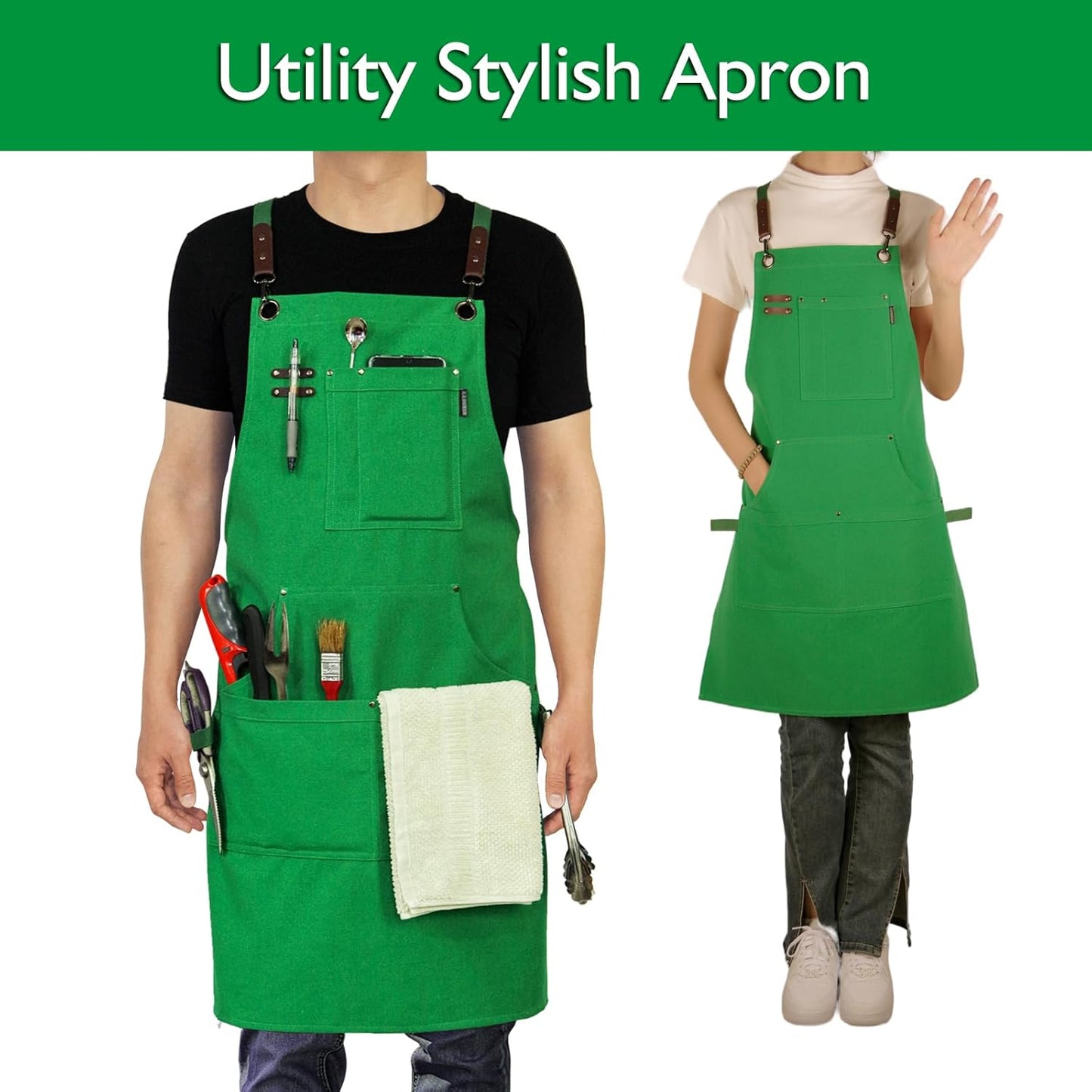 5 Pack Kitchen Apron, Work Apron, Canvas, Multiple Pockets, Gardening, Painting, BBQ, Artist, Carpenter, Sizes M to XXL, Green