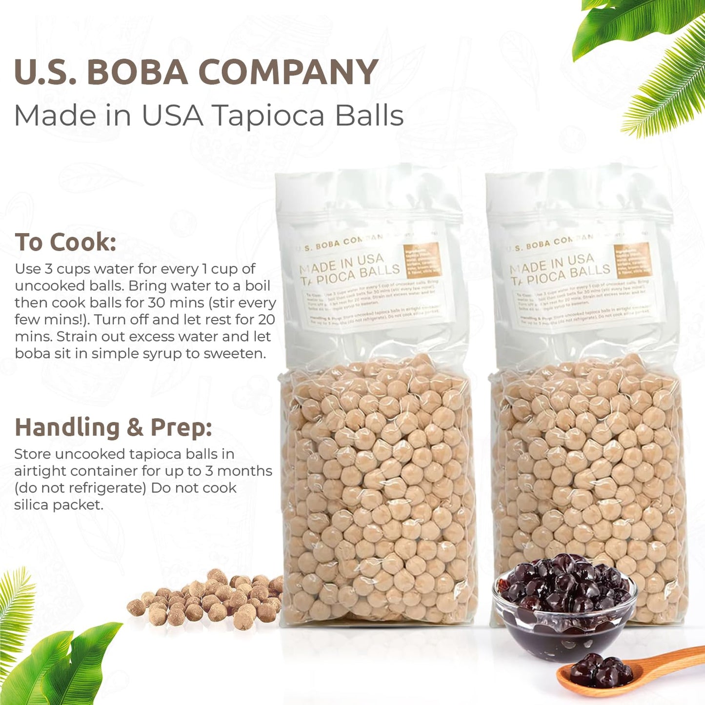 US Boba Co Unsweetened Tapioca Pearl, Easy to Cook, Tapioca Boba Balls for Tea Milk, Coffee & Dessert Topping, Fresh Made in USA, Brown Sugar Flavor, 1 Pound (Pack of 3)