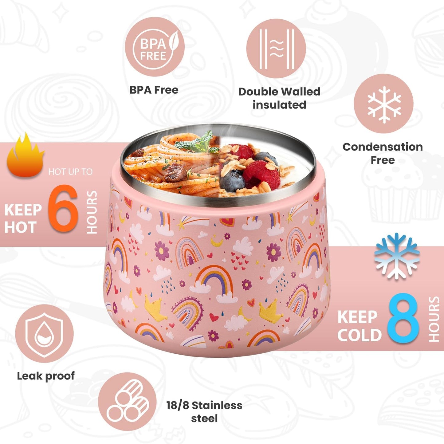 Soup Thermo for Hot Food Kids 14oz Lunch Containers with Buckle Lid Wide Mouth Hot Food Jar Vacuum Insulated Stainless Steel Bento Box Leakproof with Spoon(Rainbow)