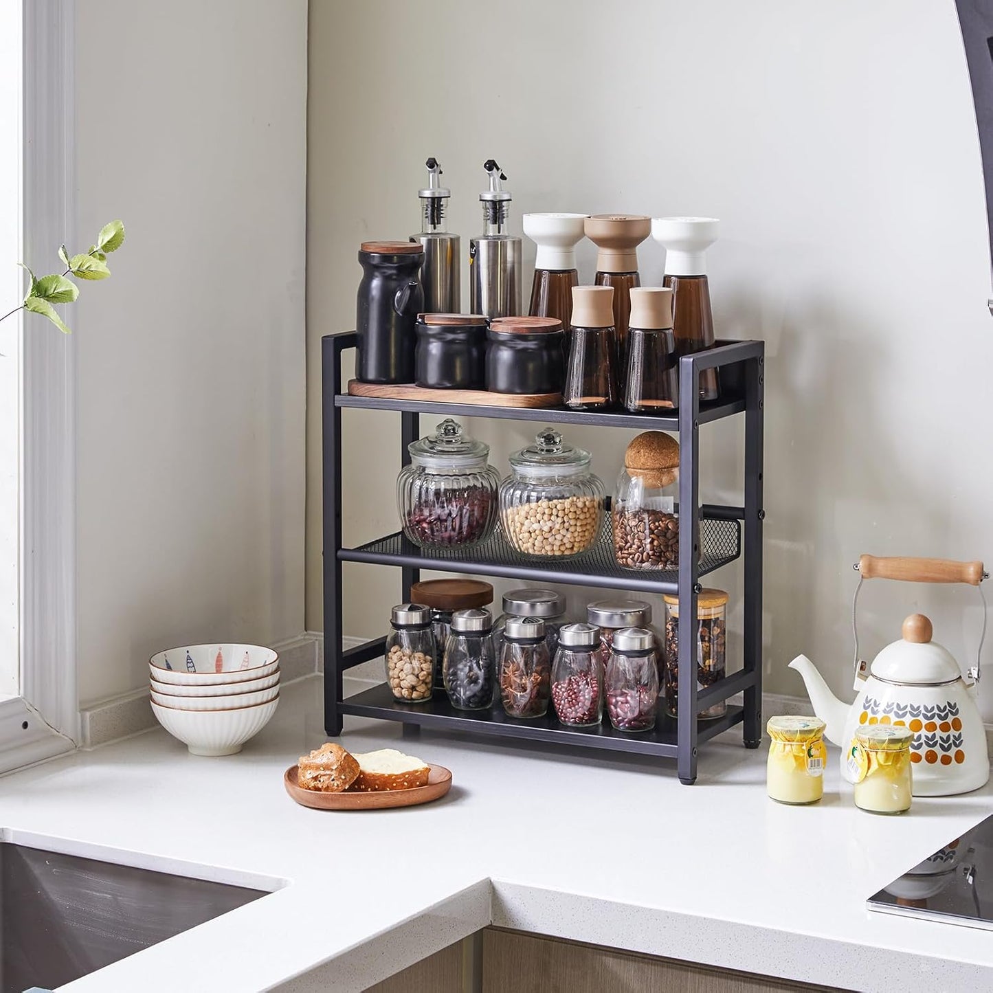 IBUYKE 3-Tier Spice Rack Industrial Counter Shelf Desktop Storage Organizer Standing Seasoning Rack for Countertop Kitchen Office Living Room Desktop Black UTLJ021B
