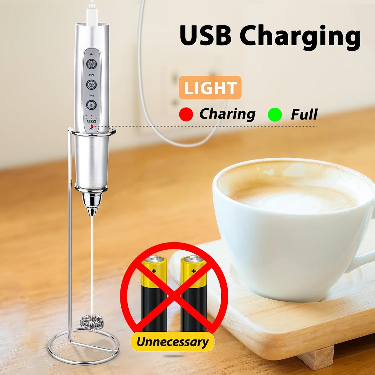 Milk Frother with Stand Rechargeable-Handheld Frother Wand with 3 Stainless Whisks 3 Speed Adjustable, Electric Whisk Drink Mixer, Foam Maker Blender for Matcha Latte Cappuccino Chocolate