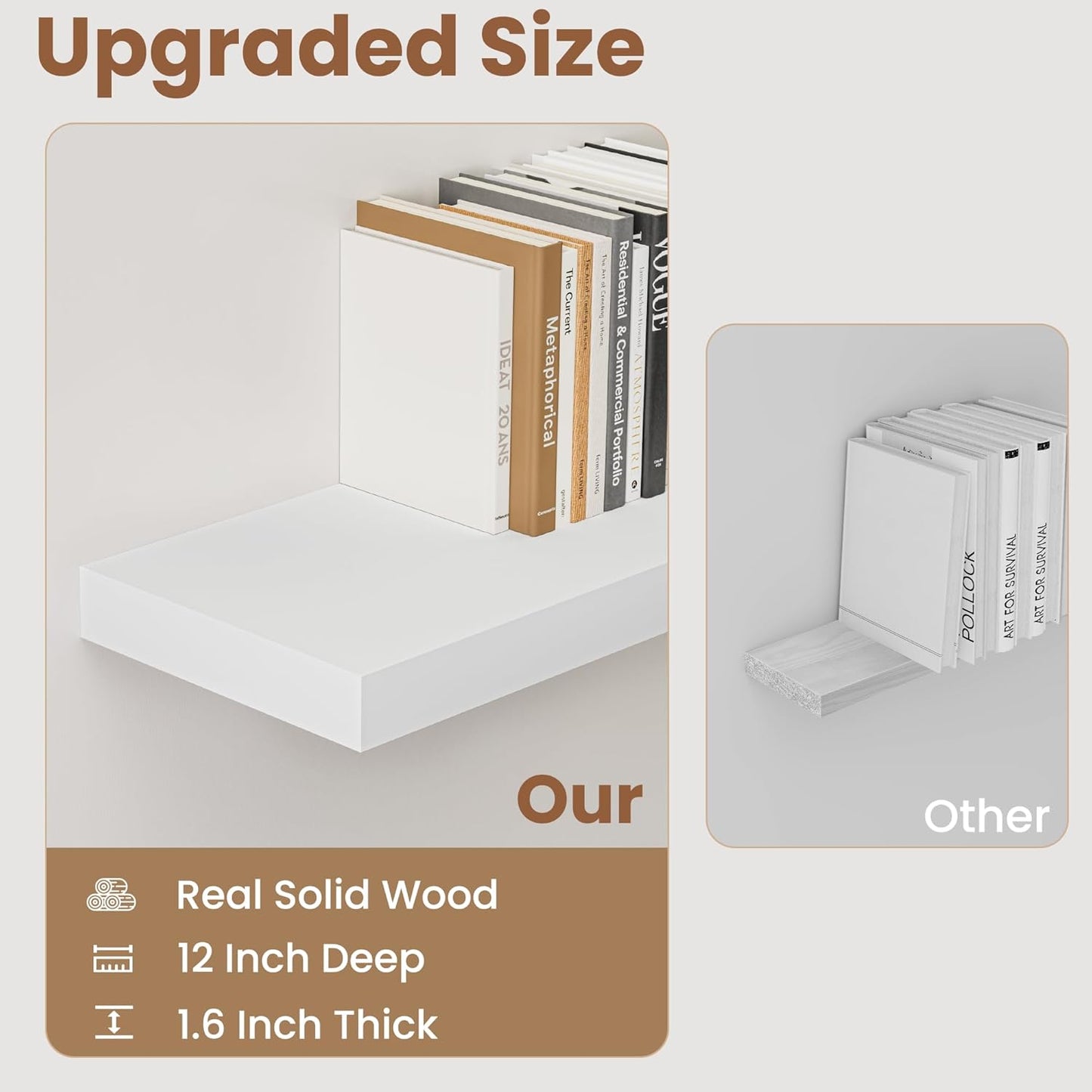 Fun Memories White Floating Shelves 48 InchLong, 9 Inch Deep Floating Shelves, Solid Wood Shelves for Home Decor, Deep Storage & Display Shelves for Living Room, Bathroom, Kitchen, Set of 1