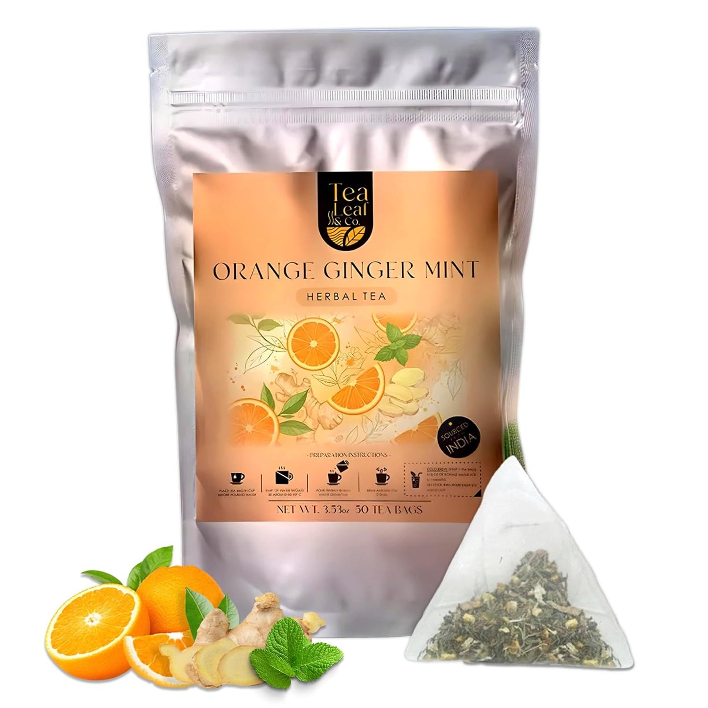 Tealeaf & Co. Orange Ginger Mint Tea Blended with Fresh Herbs and Spices - Herbal Tea Bags with Orange Peel, Ginger, Star Anise, Spearmint & Lemon Grass - Low Caffeine - Gluten Free - 50 Teabags