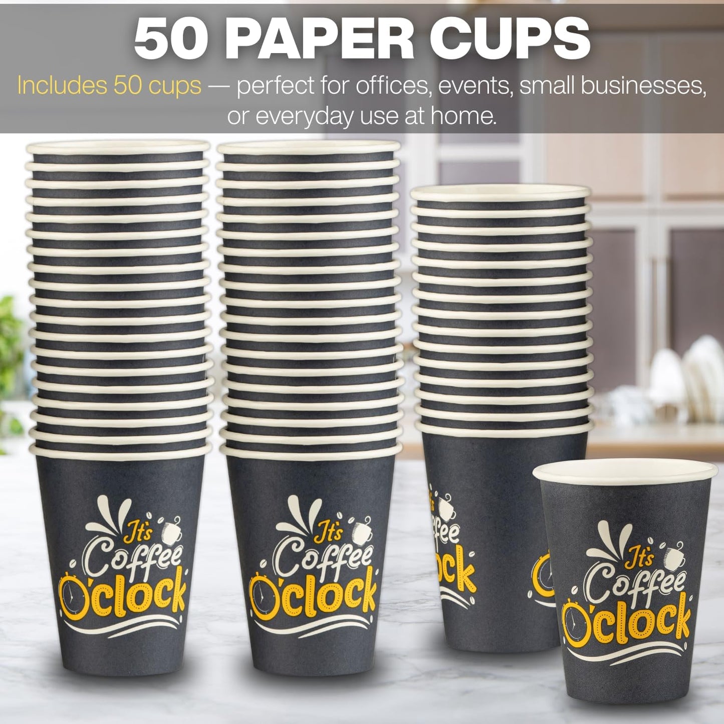 Smygoods Disposable Coffee Cups, To Go Paper Hot Cups, Coffee O'Clock Design (12 OZ, 50 Count) For Hot Beverages, Coffee, Tea, Espresso, Cocoa - Vasos Para Cafe