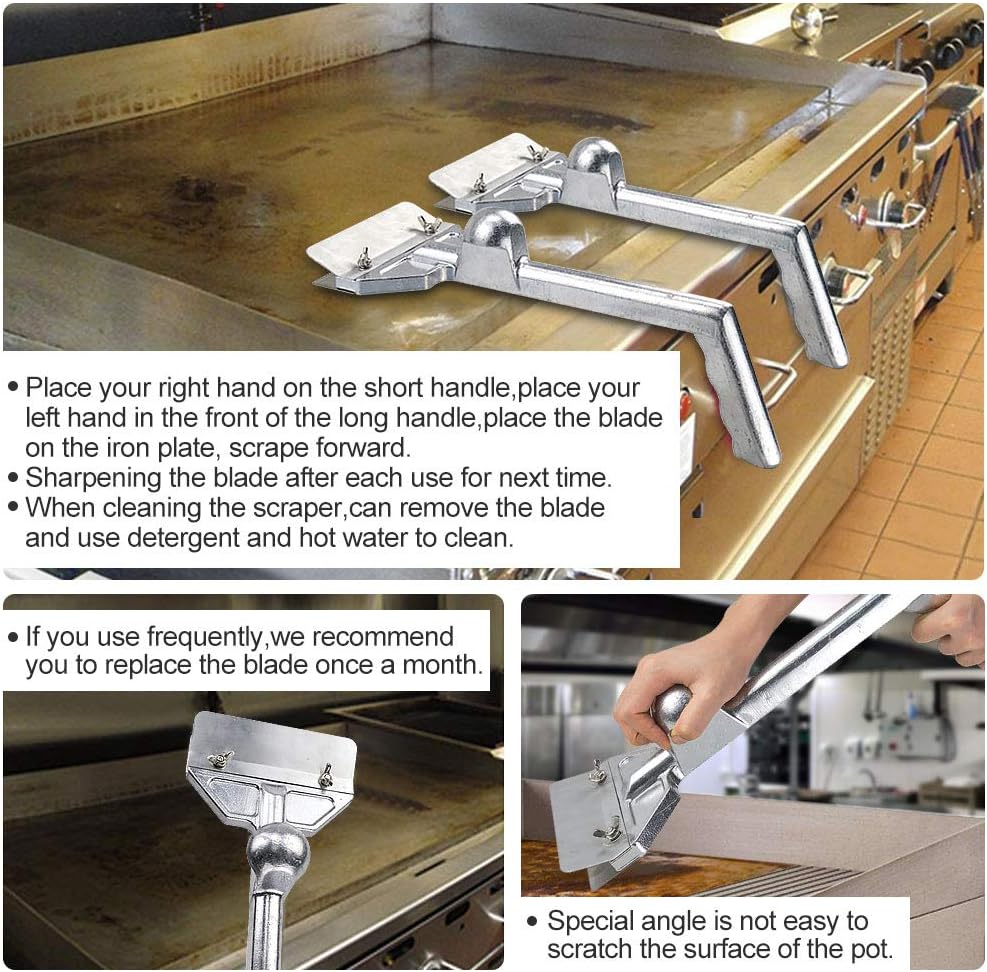Grill Scrapers, Heavy Duty Casting Aluminum Commercial Griddle Scraper with 5 Blades and Small Slant Edge Grill Scraper